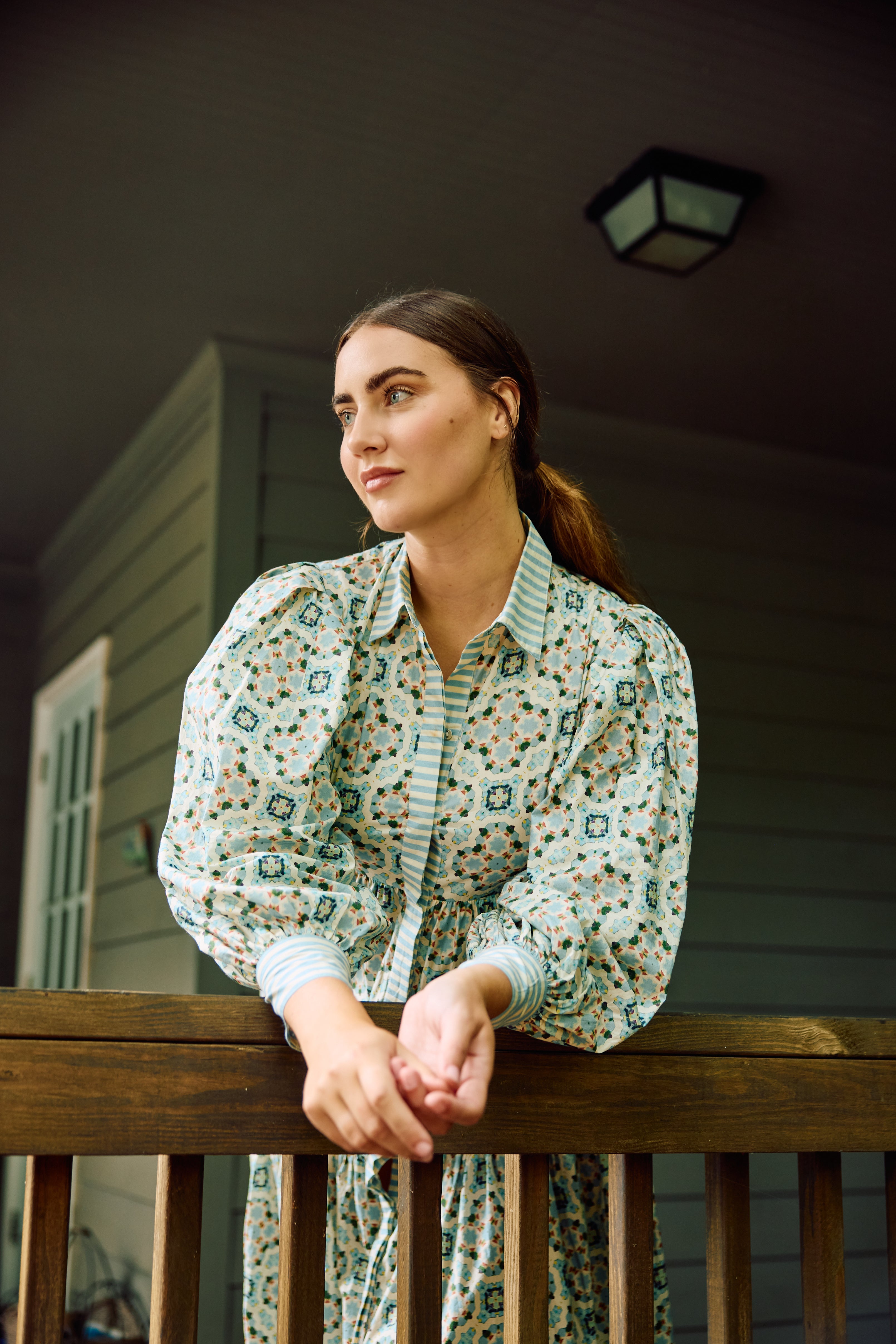 Laura Long Sleeve Quatrefoil Print Dress in Blue & Ivory - Elegant Office Wear & Casual Party Outfit