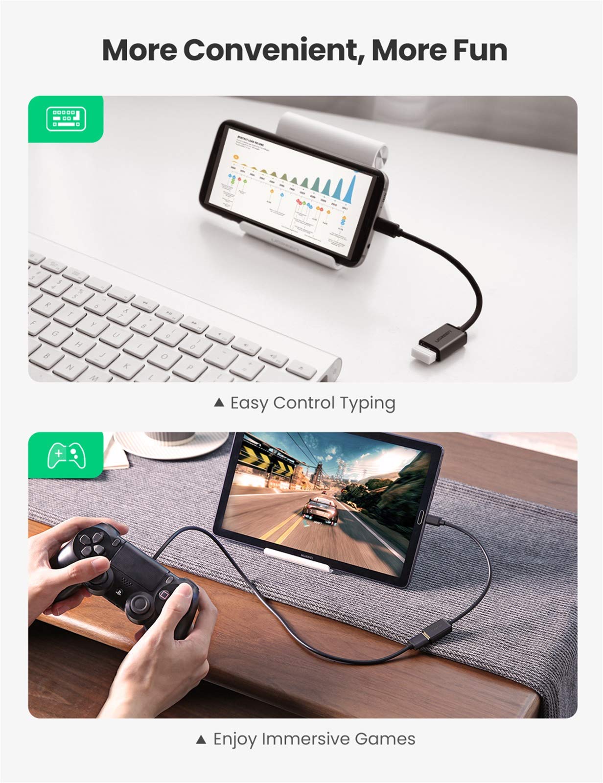 UGREEN Micro USB 2.0 OTG Cable Adapter - Male Micro USB to Female USB Converter for Samsung Galaxy S7/S6 Edge/S4/S3, LG G4, Android Smartphones, Tablets, Windows Devices - 4 Inch Black - Perfect for Gaming Controllers, Data Transfer & Charging