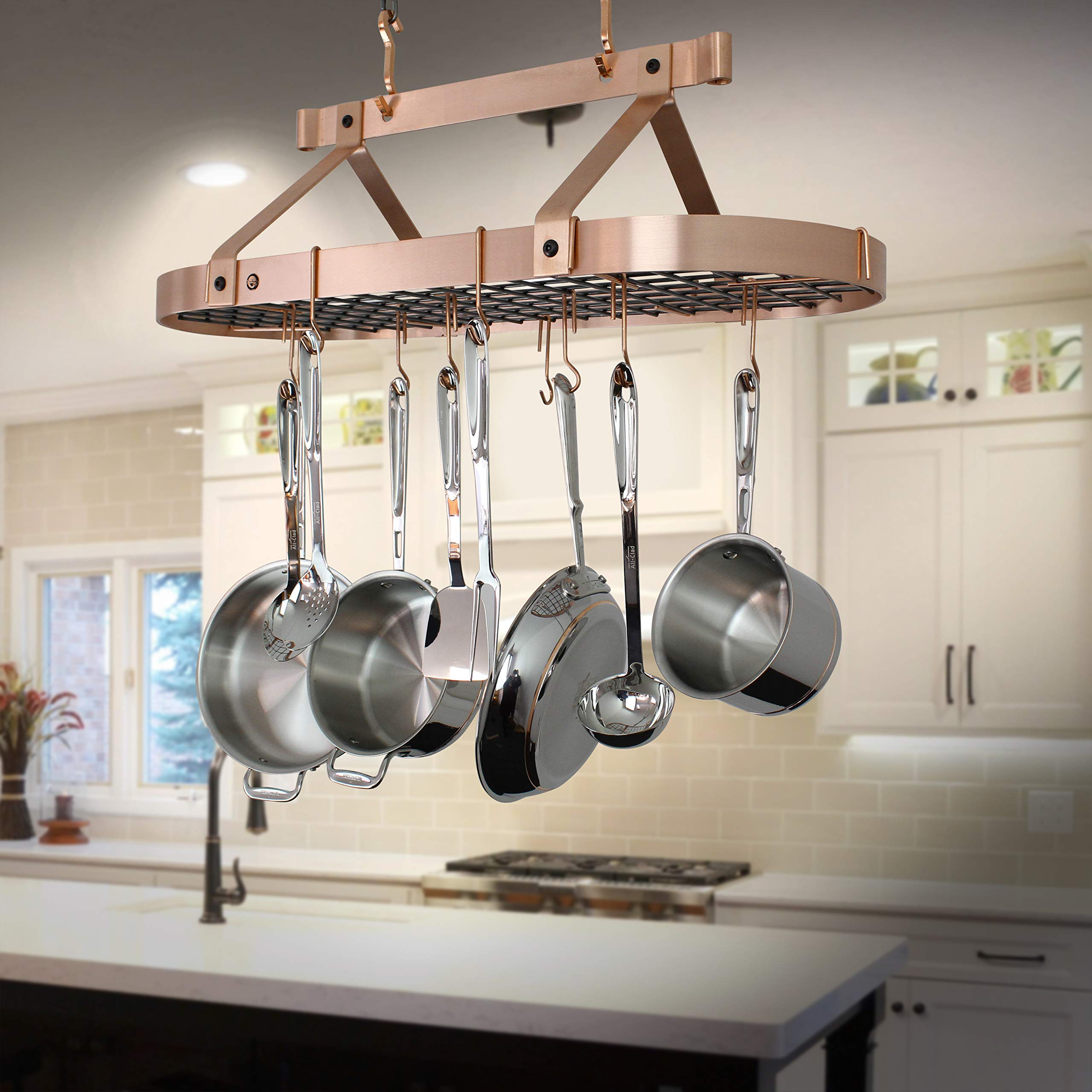 Handcrafted 36-Inch Oval Ceiling Pot Rack with 18 Hooks in Brushed Copper - Perfect for Kitchen Organization and Stylish Cookware Storage