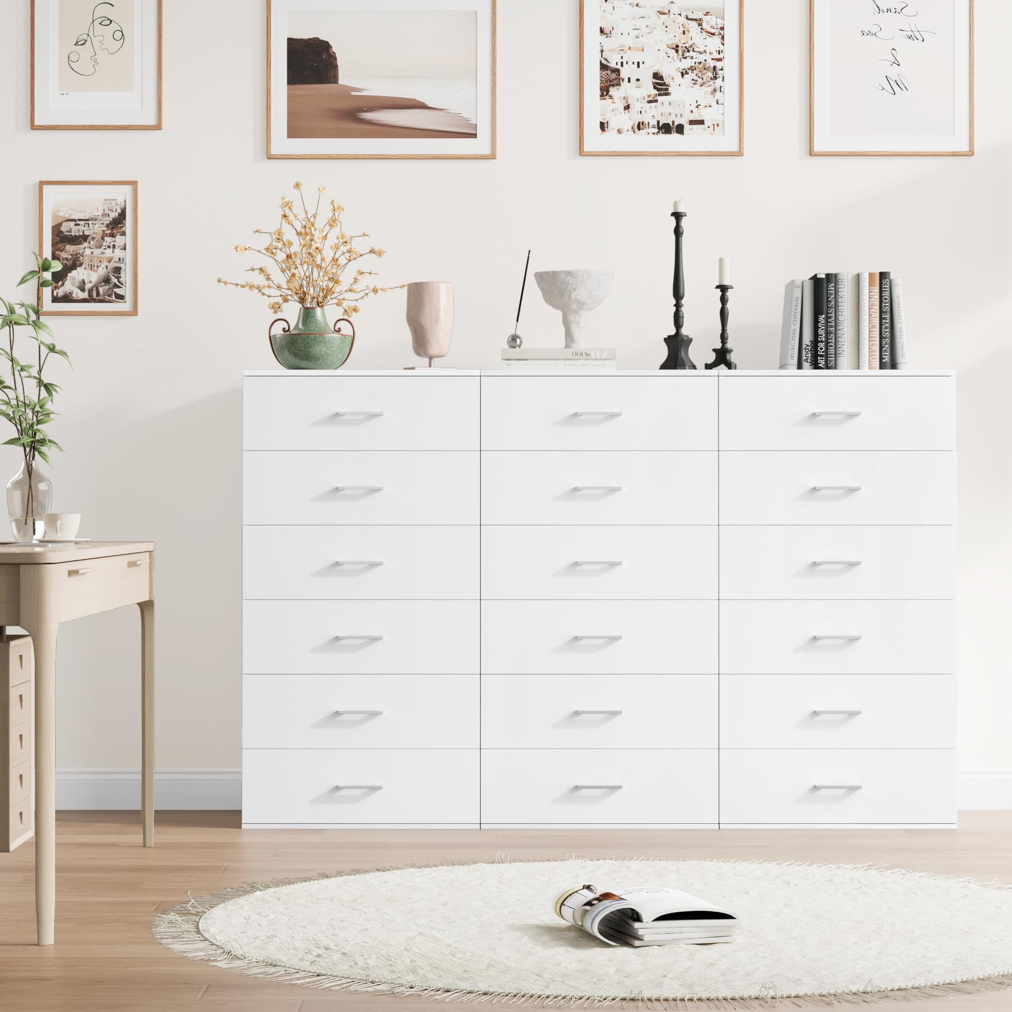 FOTOSOK 6-Drawer White Dresser - Modern Tall Chest of Drawers with Metal Handles, 23.6