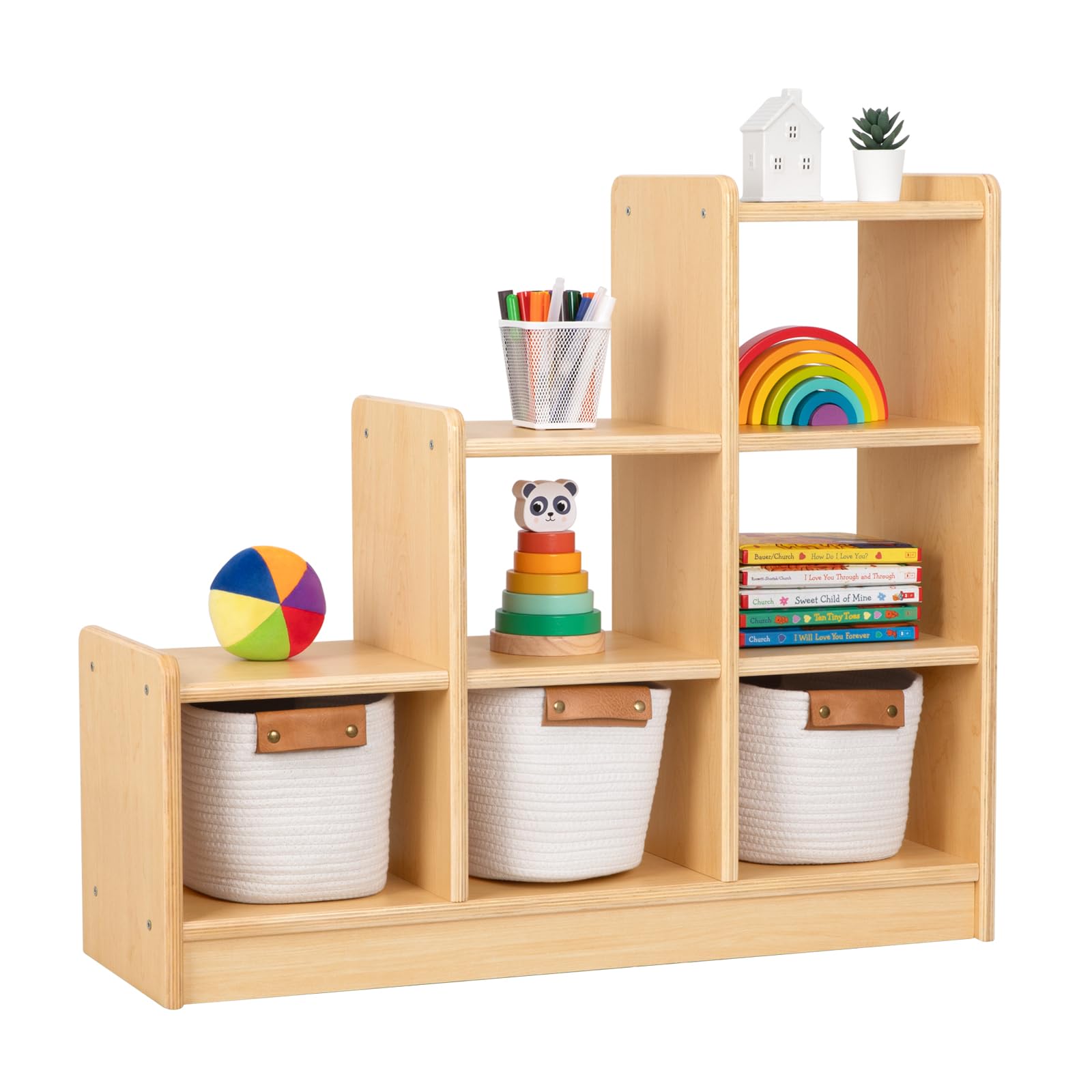 9 Cube Storage Cabinet - L Shaped Freestanding Ladder Corner Bookshelf with 6 Cubes | 4 Tier Wooden Display Shelf for Kids Room, Living Room & Office Organization | Natural Finish Bookcase & Home Decor Storage Solution