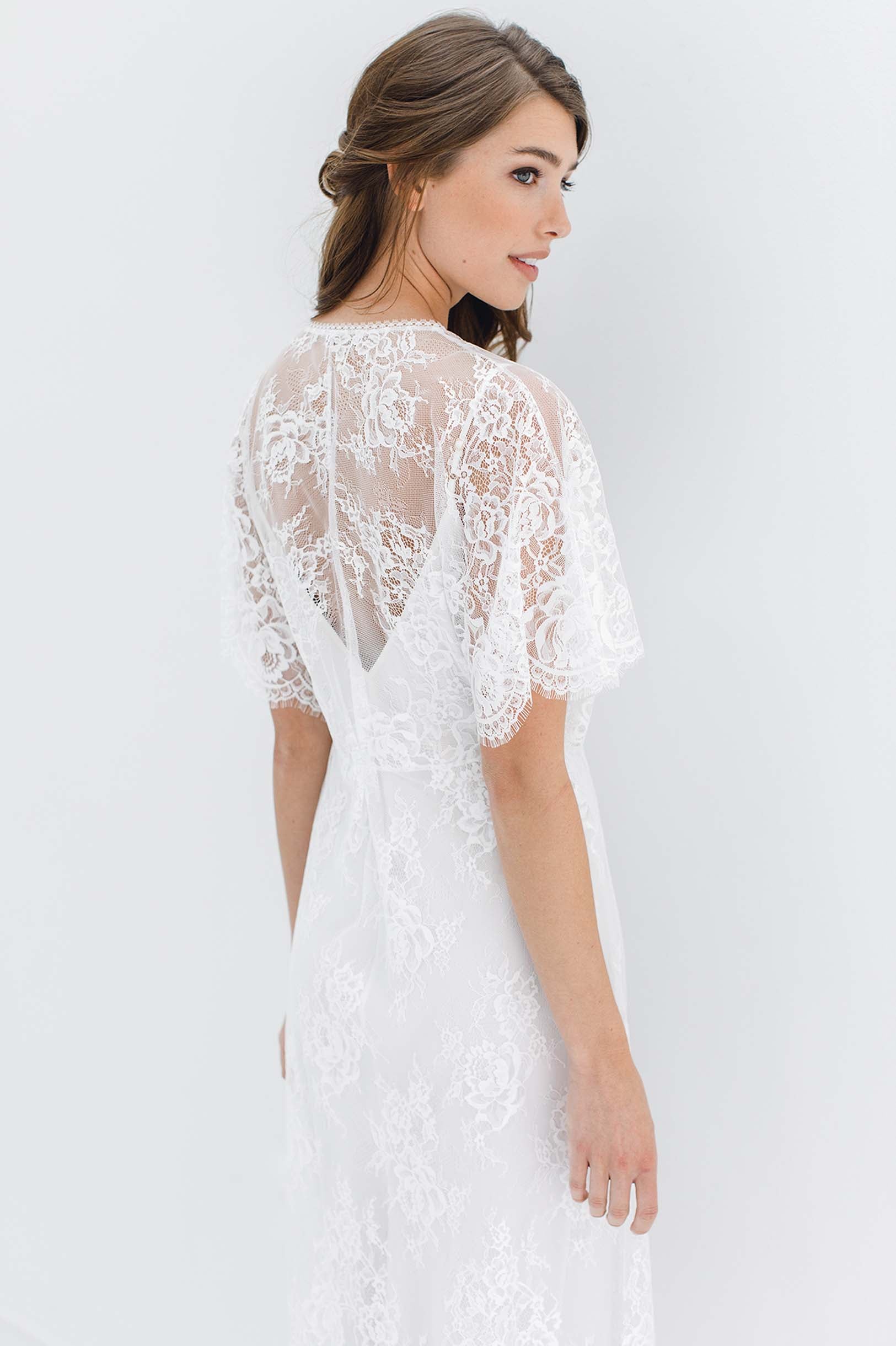 Anita Black Midi Lace Robe with Flutter Kimono Sleeves - Elegant Loungewear for Bridal Shower, Honeymoon & Special Occasions