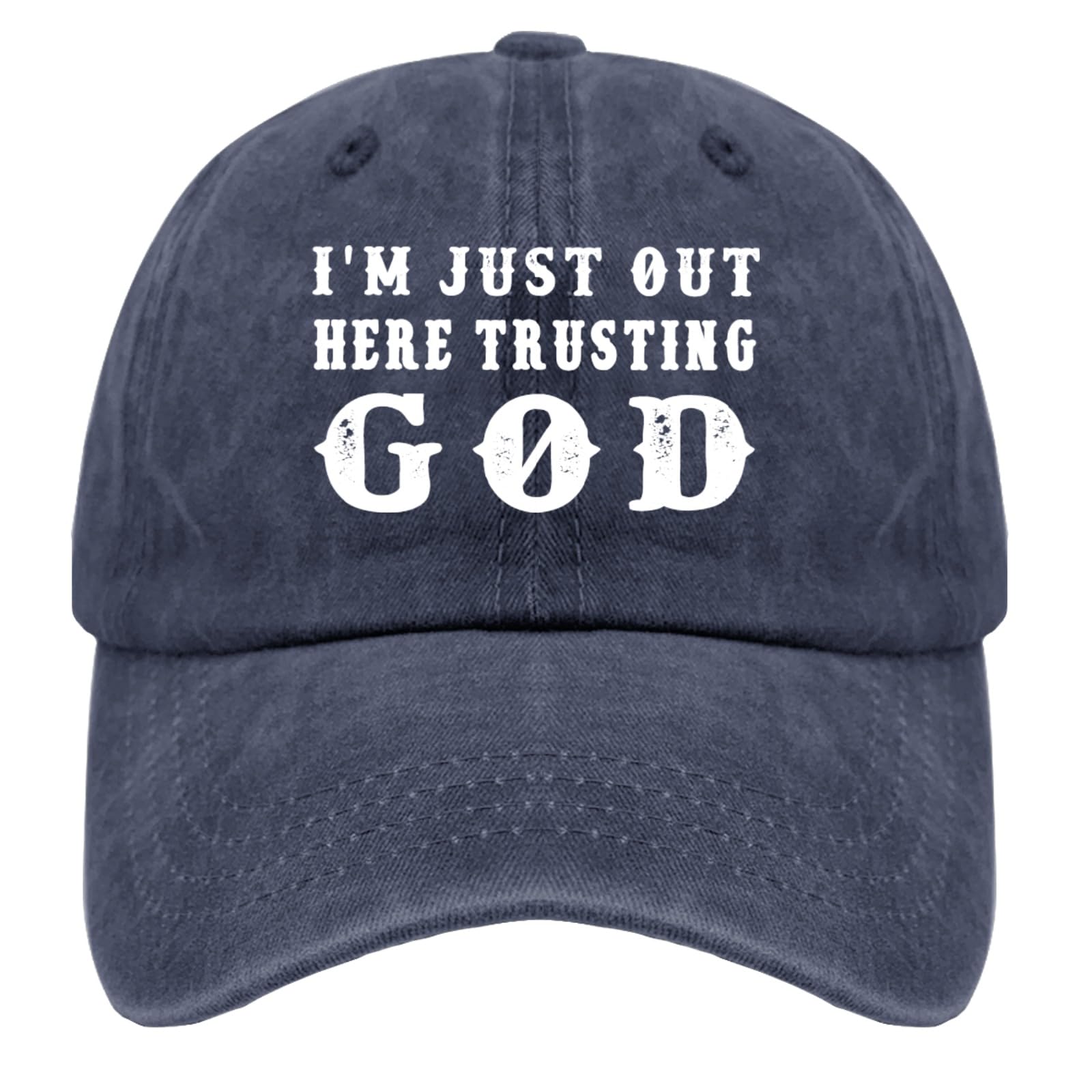 Vintage Washed Baseball Caps for Men - I'm Just Out Here Trusting God Hats - Navy Blue Fitted Hiking Hat for Outdoor Activities & Casual Wear
