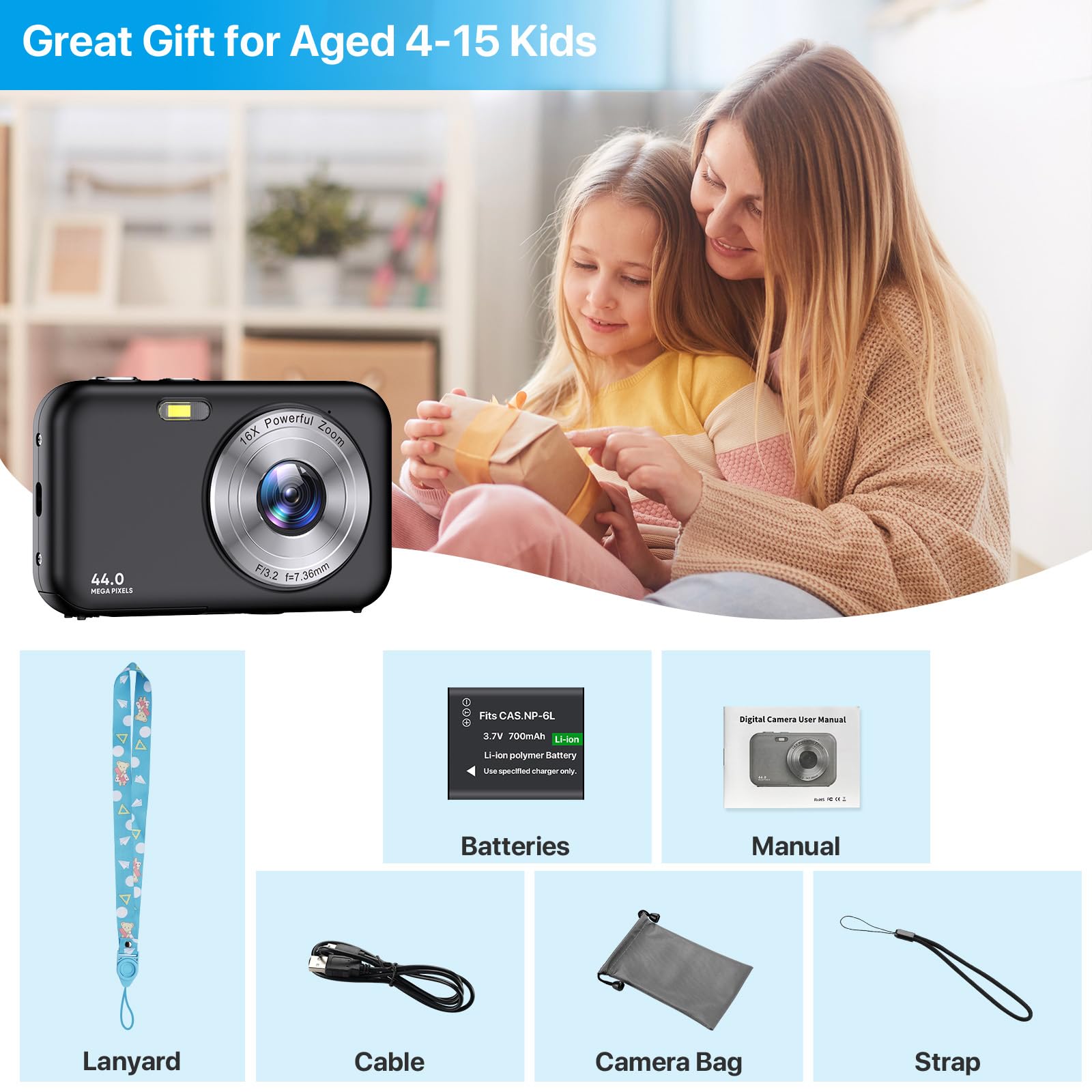 **44MP 1080P HD Kids Digital Camera with LCD Screen & 16X Digital Zoom - Rechargeable Compact Camera for Boys, Girls & Students - Perfect for Travel, Birthday Gifts & School Projects (Black)**