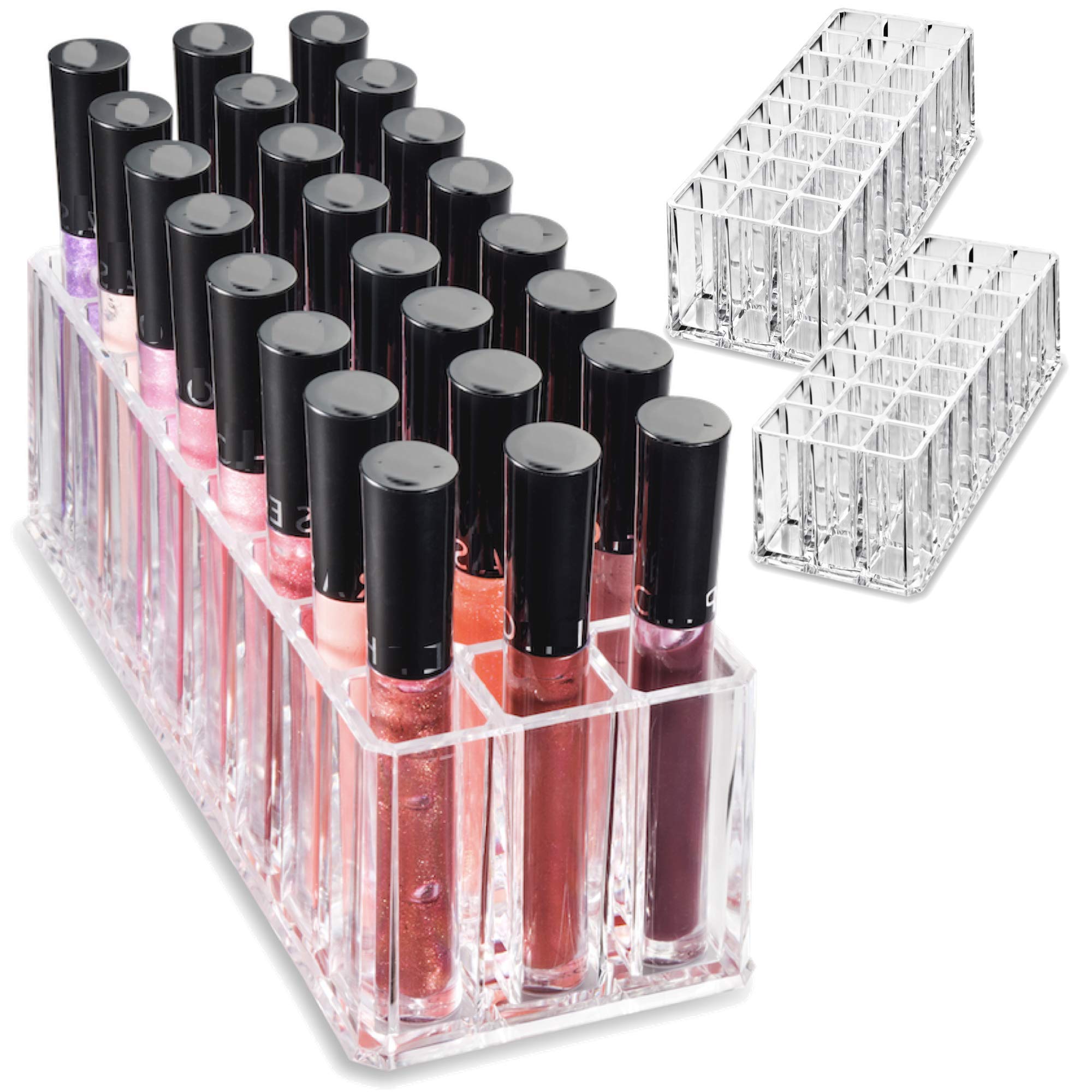 BY ALEGORY Acrylic Lip Gloss Organizer - 24 Slot Makeup Storage Case for Lipsticks & Gloss Tubes | Refillable Beauty Display Container | Perfect for Vanity, Salon, or Travel Organization (2-Pack)