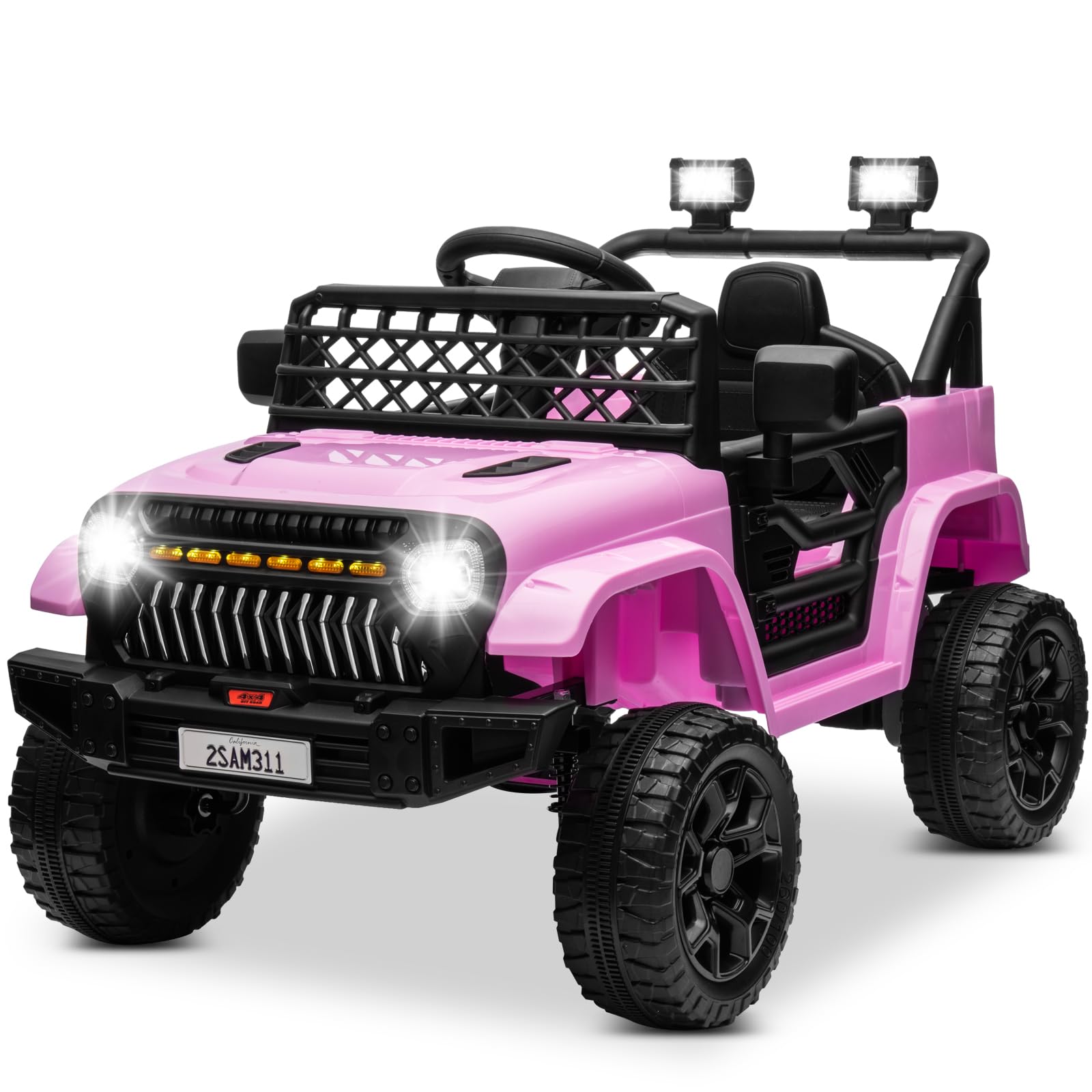 12V Electric Ride On Truck for Kids - 4-Wheel Remote Control Car with Bluetooth Music, LED Lights & Spring Suspension - 3 Speed Adjustable Pink Toy Jeep for Boys & Girls - Perfect for Birthday Gifts, Outdoor Play & Backyard Adventures