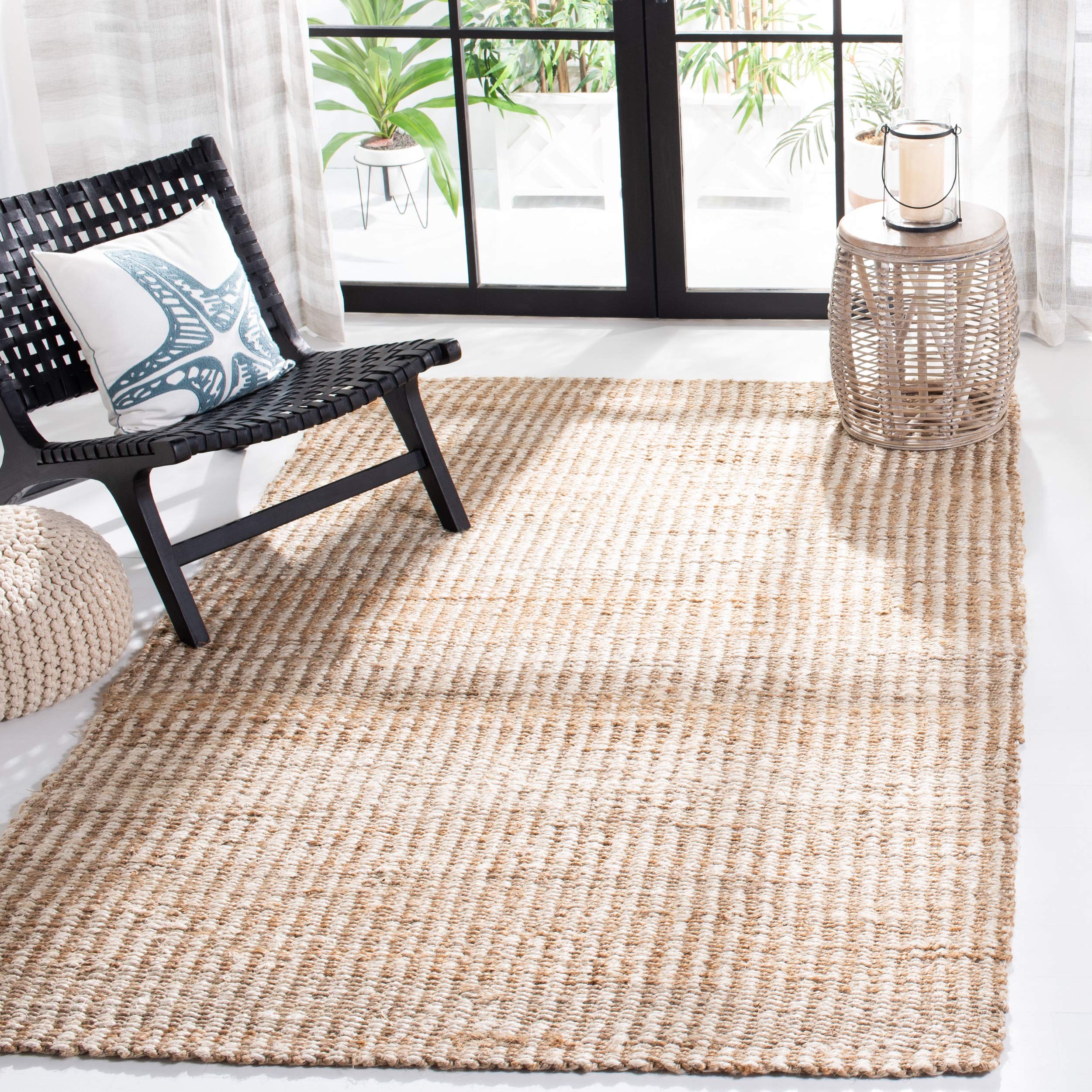 SAFAVIEH Natural Fiber Collection 7' Square Ivory NF734A Handmade Farmhouse Stripe Premium Jute Area Rug - Perfect for Living Room, Bedroom & Boho Home Decor