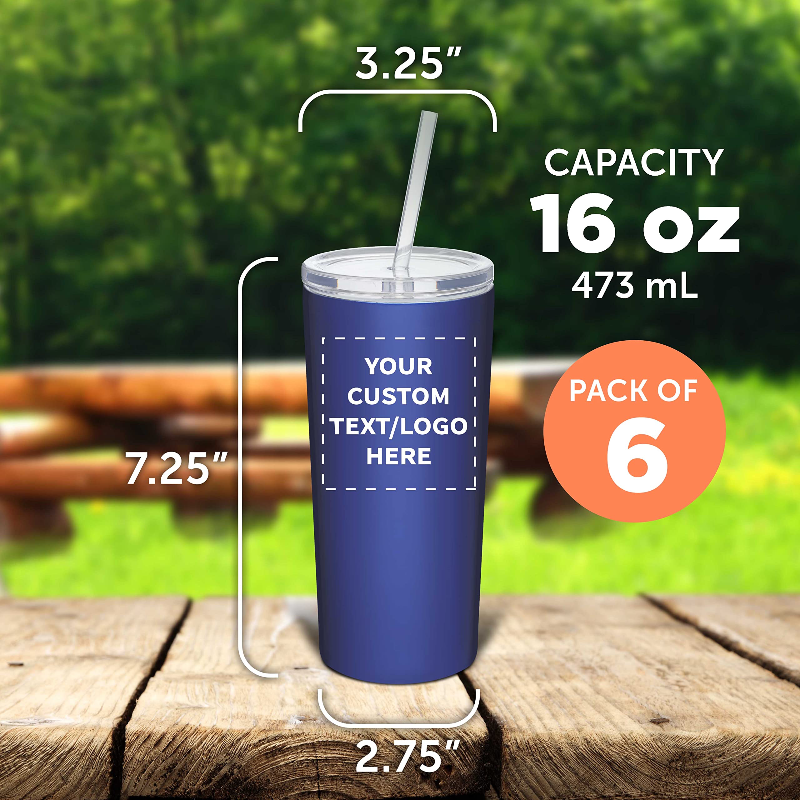 6 Pack 16oz Stainless Steel Tumblers with Straws - Double Wall Insulated, Leak-Proof Tritan Lid - Custom Engraved Text/Logo - Perfect for Office, Gym & Outdoor Activities - Blue