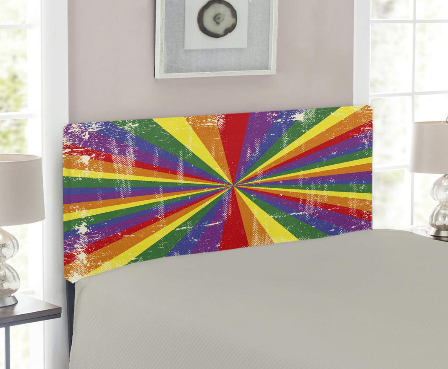 Ambesonne Pride Headboard - Vintage Radial Scratched Design for LGBTQ+ Couples, Upholstered Decorative Metal Bed Frame with Memory Foam, Twin Size Multicolor - Perfect for Bedroom Decor & Pride-Themed Home Styling