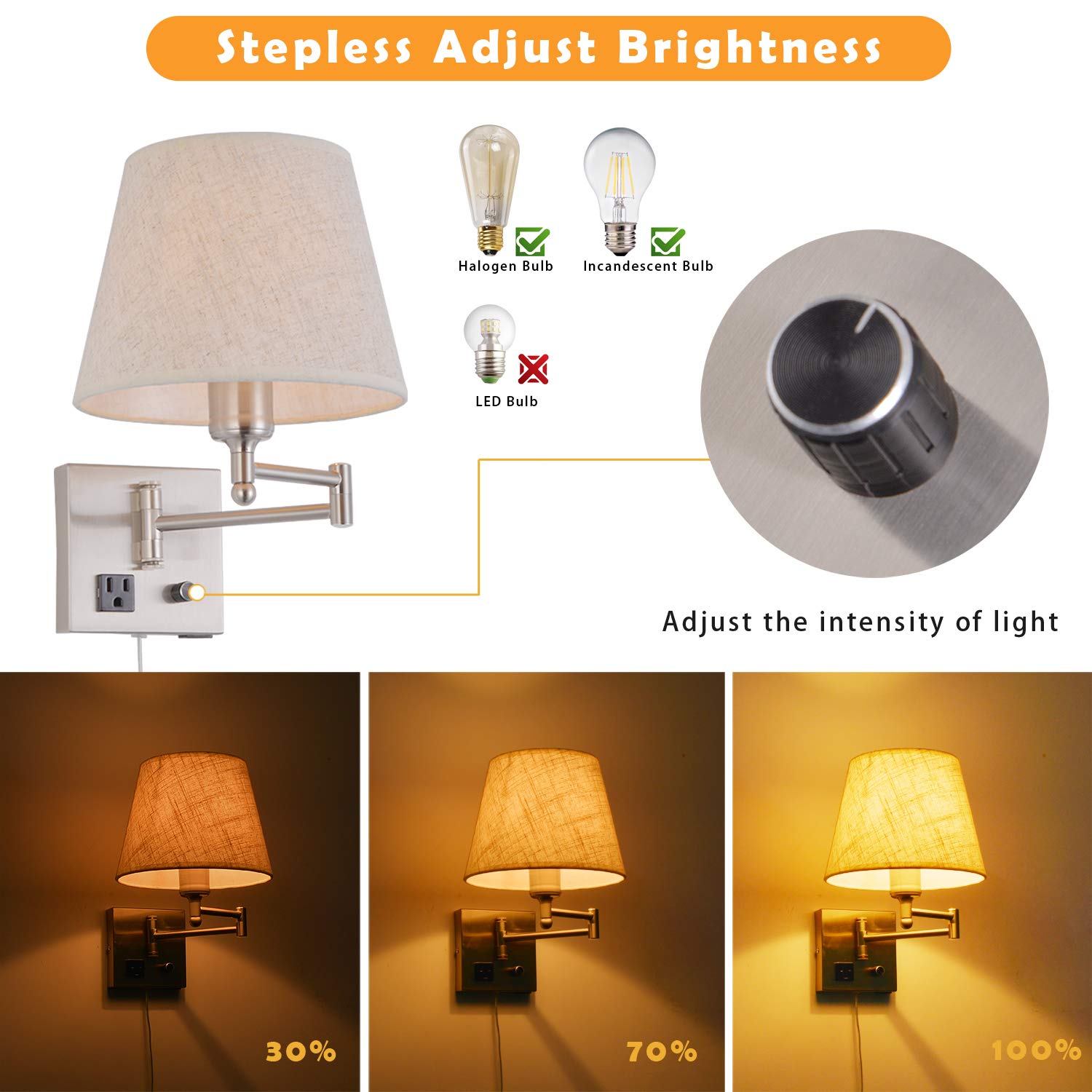 Dimmable Swing Arm Wall Sconce Light with USB Port & Outlet - Adjustable Fabric Shade Bedside Lamp in Satin Nickel for Bedroom, Living Room & Hotel - Perfect for Reading, Nightstand Lighting & Modern Home Decor
