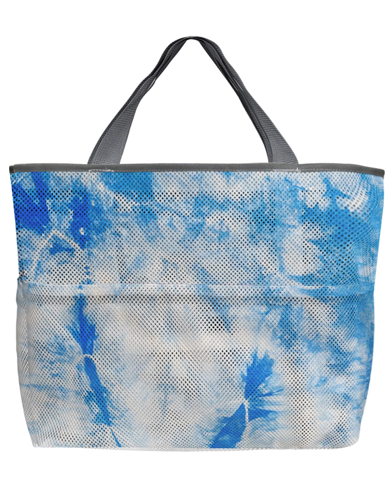 Spiral Tie Dye Mesh Beach Tote Bag - 60L Oversized Blue Batik Ethnic Style Tote with Pockets | Foldable Lightweight Swim Bag (24