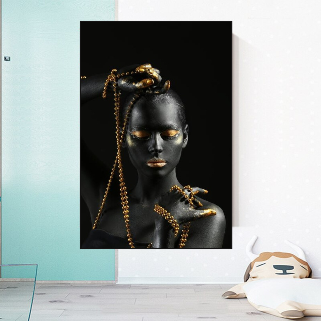 Afro Girl Beaded Jewel Canvas Wall Art - Vibrant African American Home Decor for Living Room, Bedroom & Office
