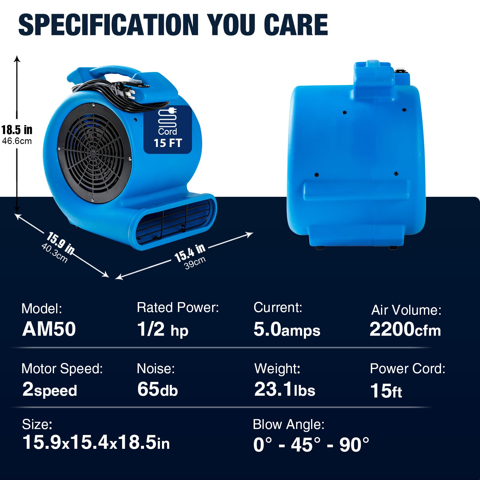Mounto 1/2HP High-Power Air Mover Fan - 2200 CFM Floor Drying Blower with 2-Speed Settings for Carpet, Water Damage Restoration & Air Circulation - Lightweight Commercial/Home Use for Basements, Gyms & Construction Sites