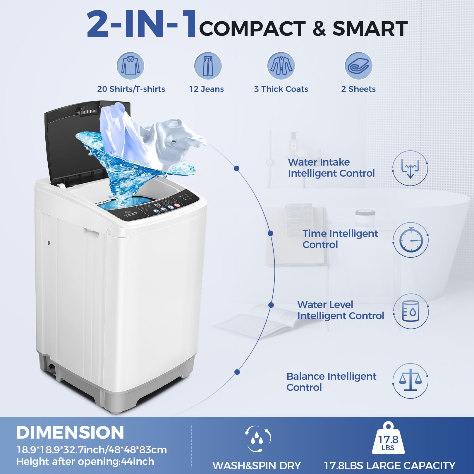 Nictemaw 2.4 Cu.ft Full-Automatic Portable Washing Machine - 17.8Lbs Capacity Compact Washer with Drain Pump, 10 Wash Programs & 8 Water Levels - Perfect for Apartments, Dorms, RVs, Camping & Small Spaces