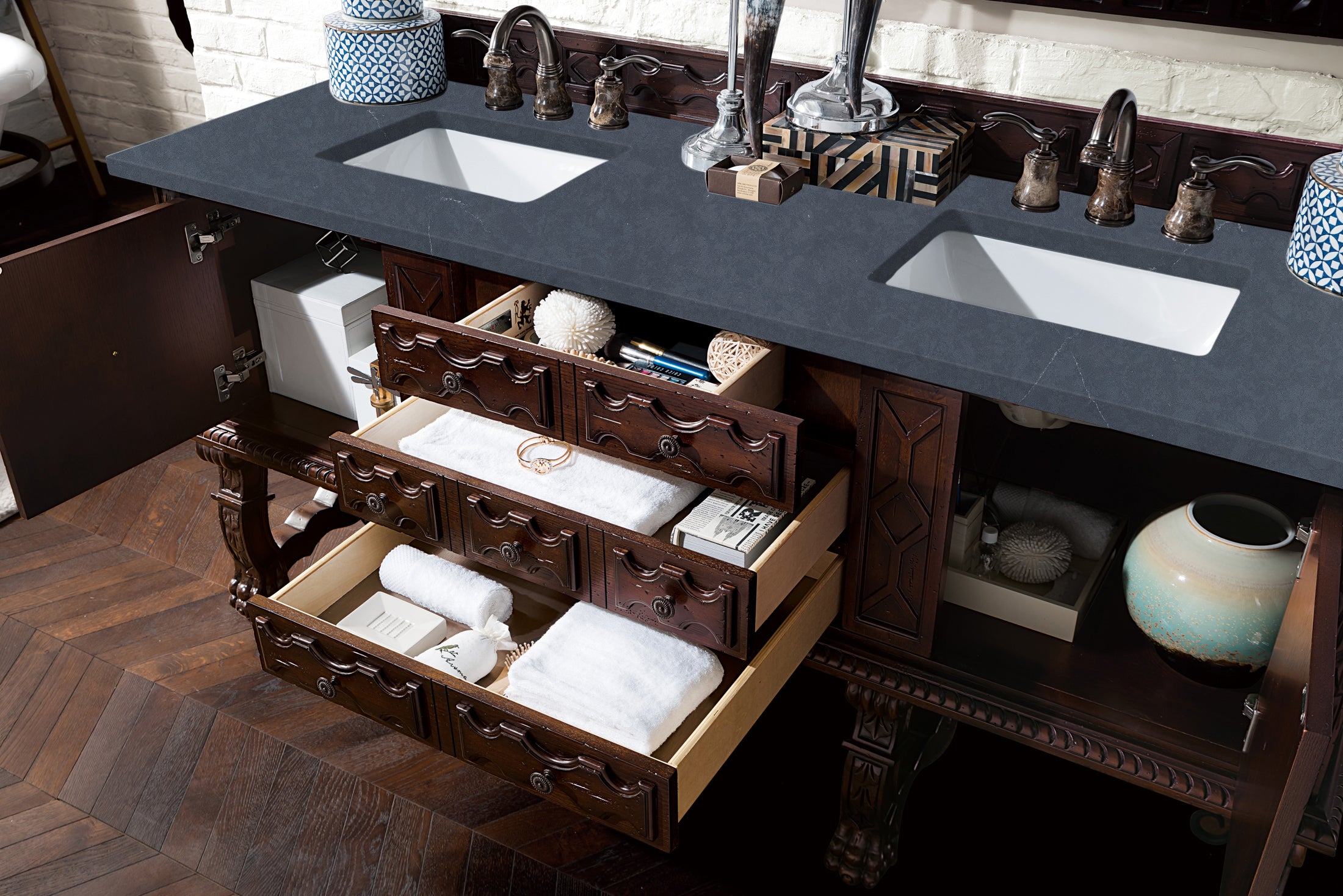 Balmoral 72-Inch Double Vanity Bathroom Cabinet with 3CM Charcoal Soapstone Quartz Top - Antique Walnut Finish for Modern & Traditional Bathrooms
