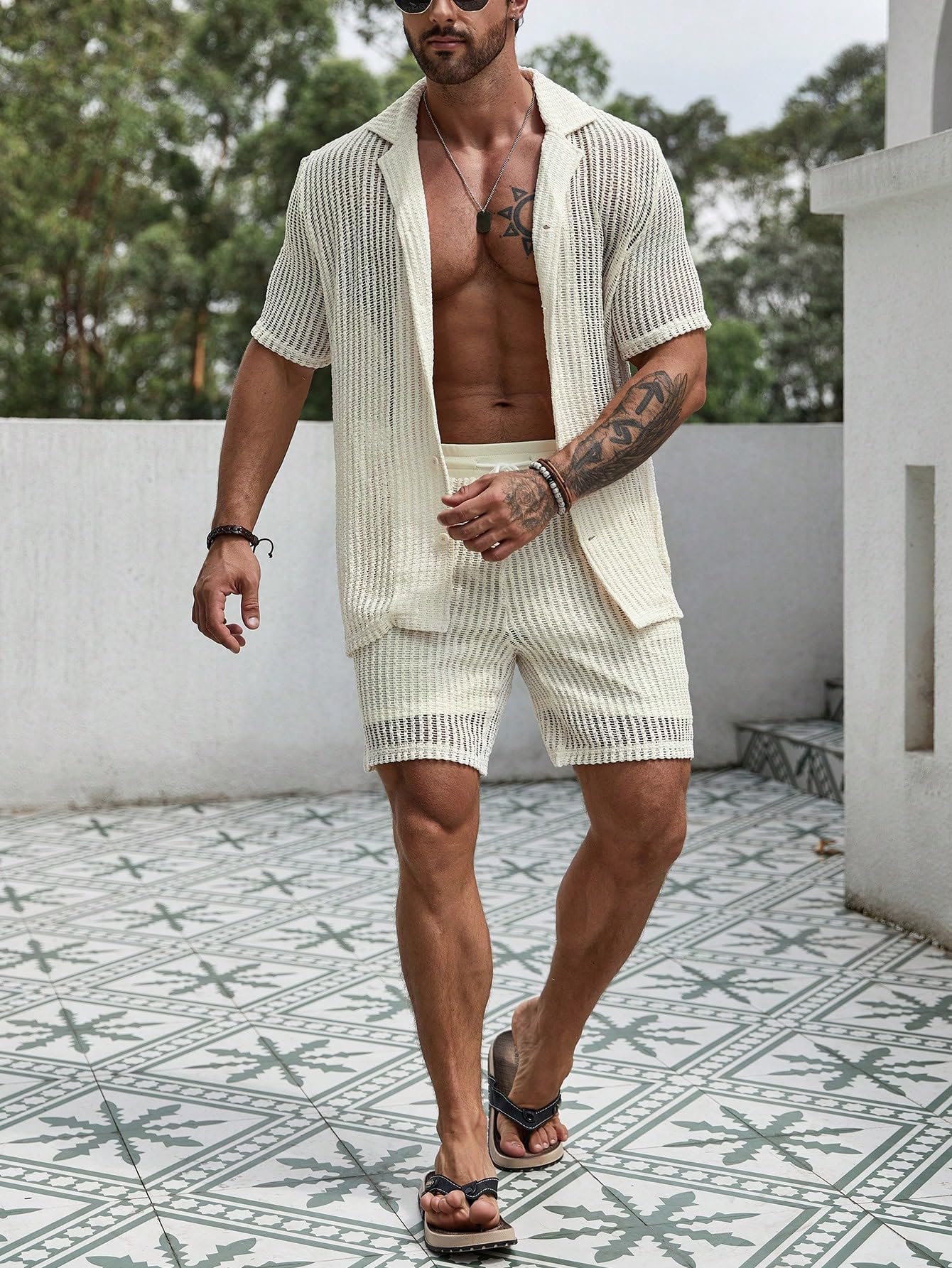 Verdusa Men's 2-Piece Summer Outfit - Breathable Hollow Out Knit Button-Up Shirt & Comfortable Knit Shorts Set | Casual Beach Wear & Vacation Outfit