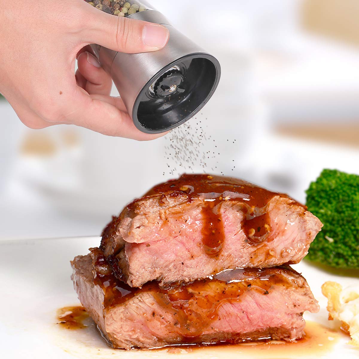 Premium Stainless Steel Salt and Pepper Grinder Set - Adjustable Coarseness with 5 Grinding Levels - Ideal for Kitchen, Dining Table & Outdoor Cooking - Perfect for Seasoning Meats, Salads & More