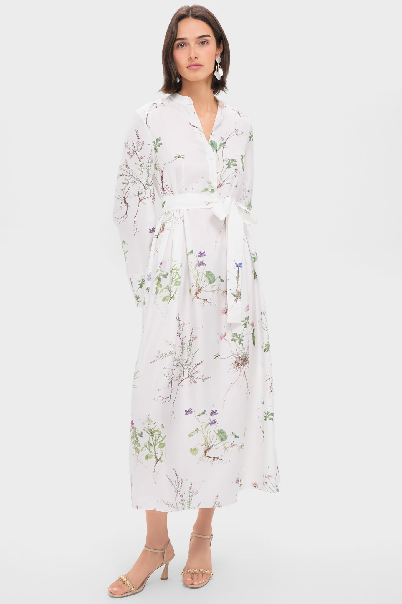 Elegant White Long Sleeve Tie Waist Midi Dress for Women | Floral Botanical Garden Print | Perfect for Garden Parties, Weddings & Spring Occasions