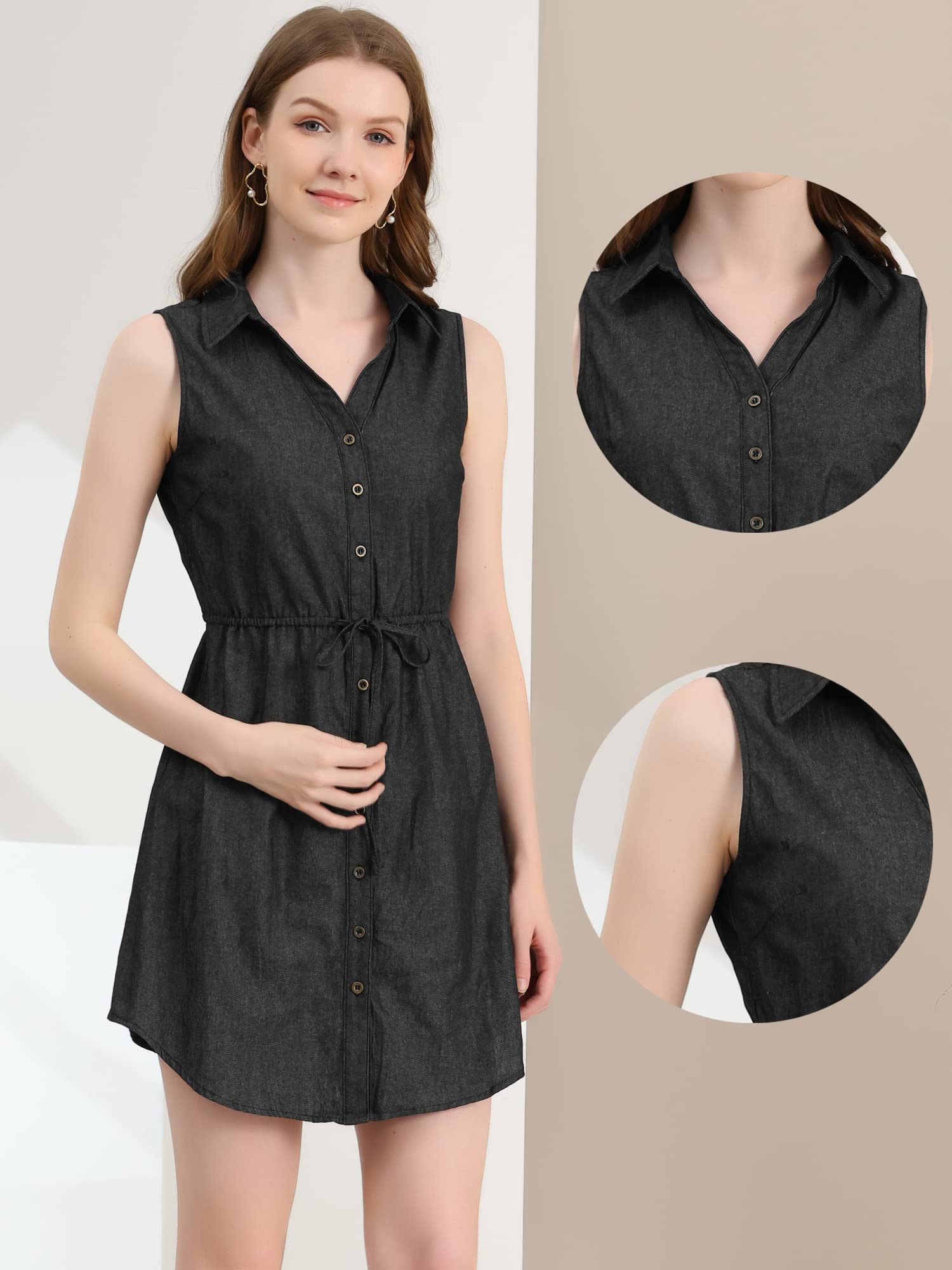 Allegra K Women's Denim Shirt Dress with Point Collar, Button Down & Tie Waist - Casual Summer Outfit for Brunch, Date Night & Office Wear