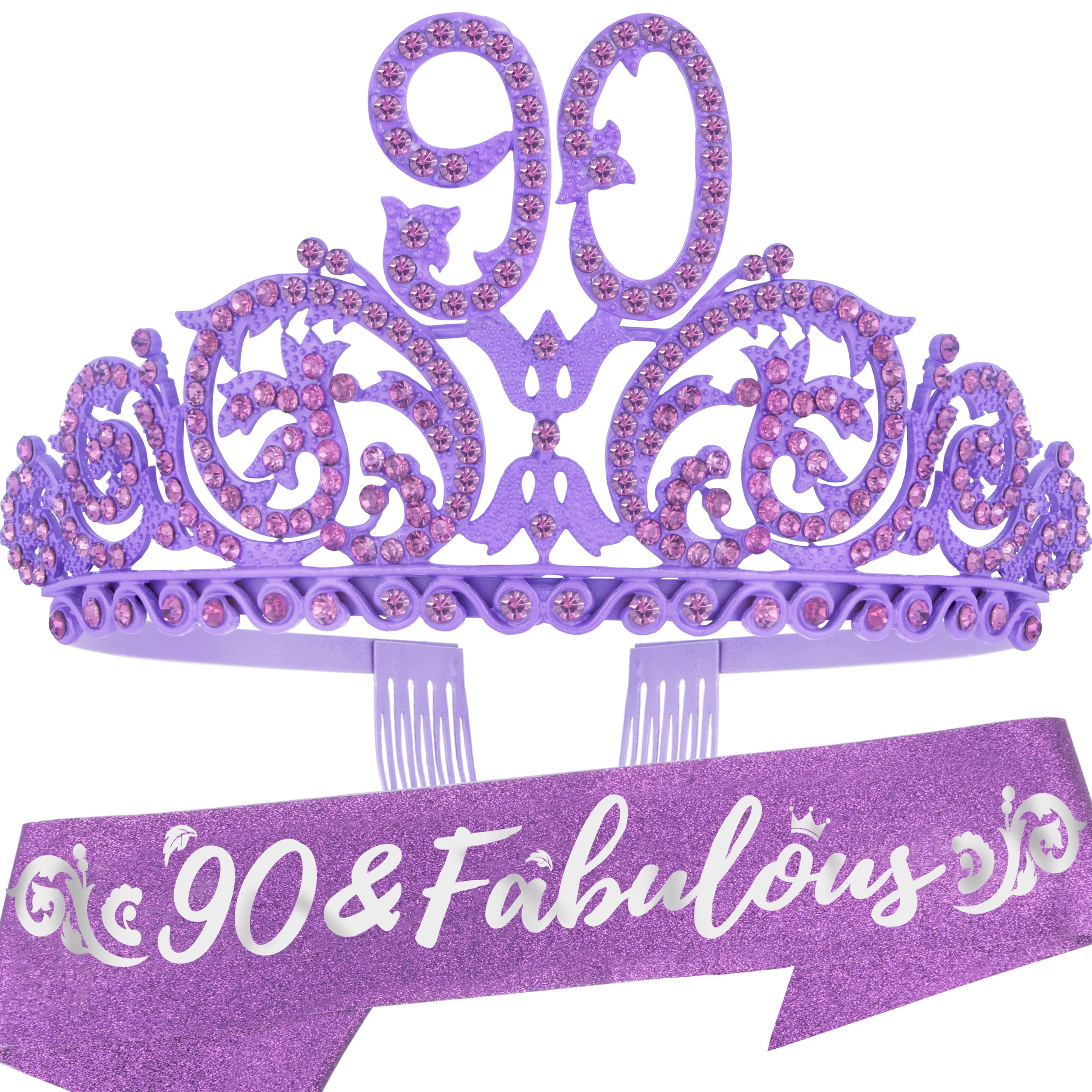 90th Birthday Tiara and Sash Set for Women - Elegant 90 Years Old Birthday Crown & Decorations - Perfect 90th Birthday Gift for Grandma, Mother or Elderly Women - Great for Milestone Birthday Parties, Celebrations & Photo Shoots