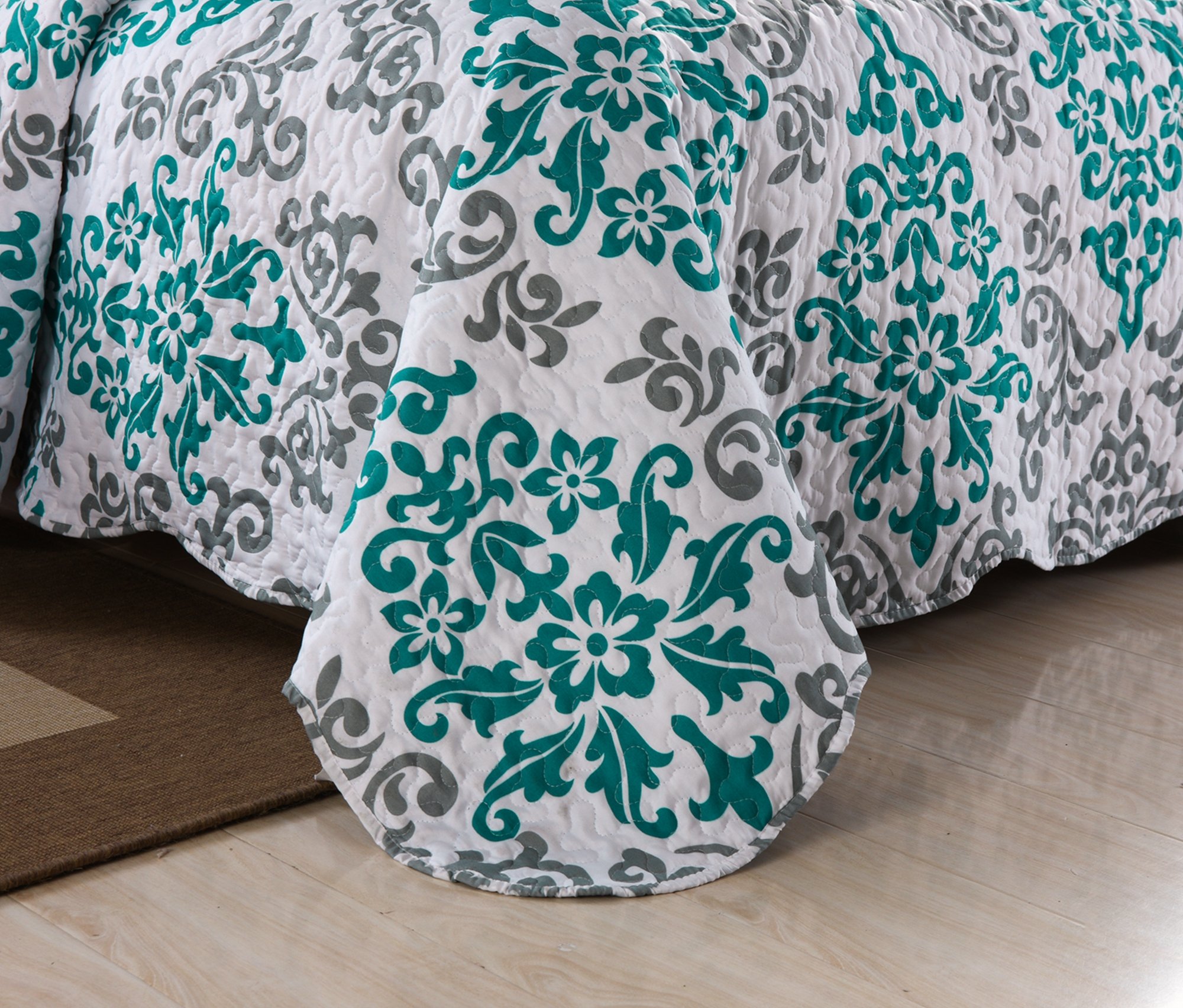 MarCielo 3-Piece Quilted Bedspread Set - Queen Size Lightweight Printed Coverlet & Throw Blanket in Turquoise Katrina Blue | Soft Bedding Ensemble for Master Bedroom, Guest Room & Cozy Home Decor
