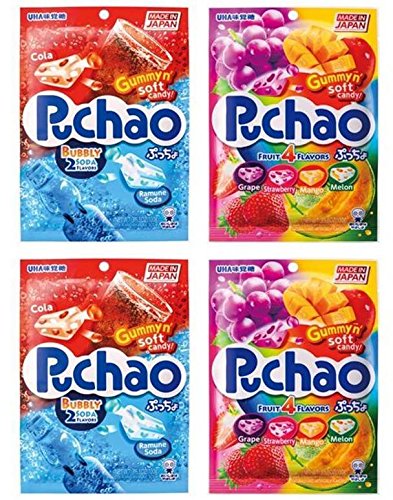 UHA Mikakuto Puchao Gummy & Soft Candy - Cola, Ramune Soda & 4 Fruit Flavors - 3.53oz (2-Pack of 4 Bags) - Japanese Chewy Candy for Snacking, Parties & Gifts
