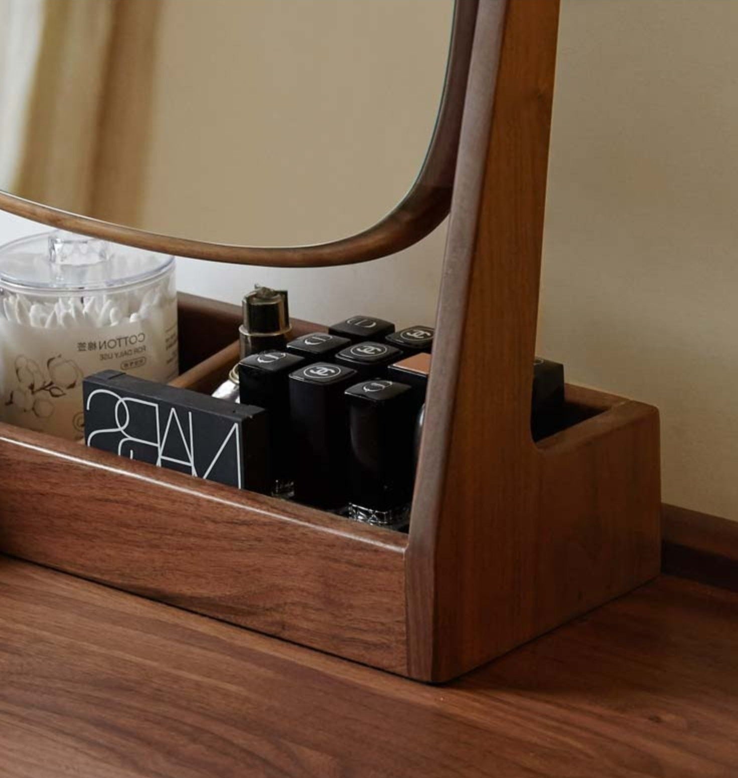 Premium Black Walnut Solid Wood Makeup Mirror & Jewelry Storage Box with 360° Rotation - Perfect for Vanity, Dressing Table, and Bathroom Organizer