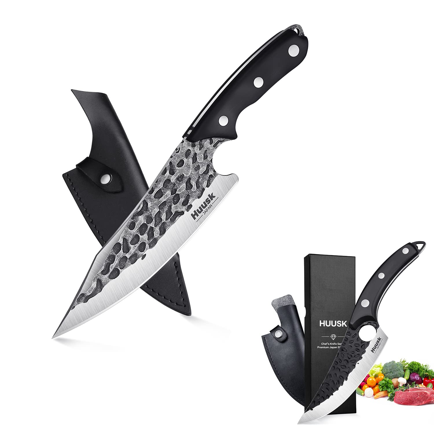 Premium Huusk Chef Knife & Camping Knife Set - High-Quality Japanese Stainless Steel Blade with Leather Sheath & Gift Box - Perfect for Professional Cooking, Outdoor Adventures & Gifts