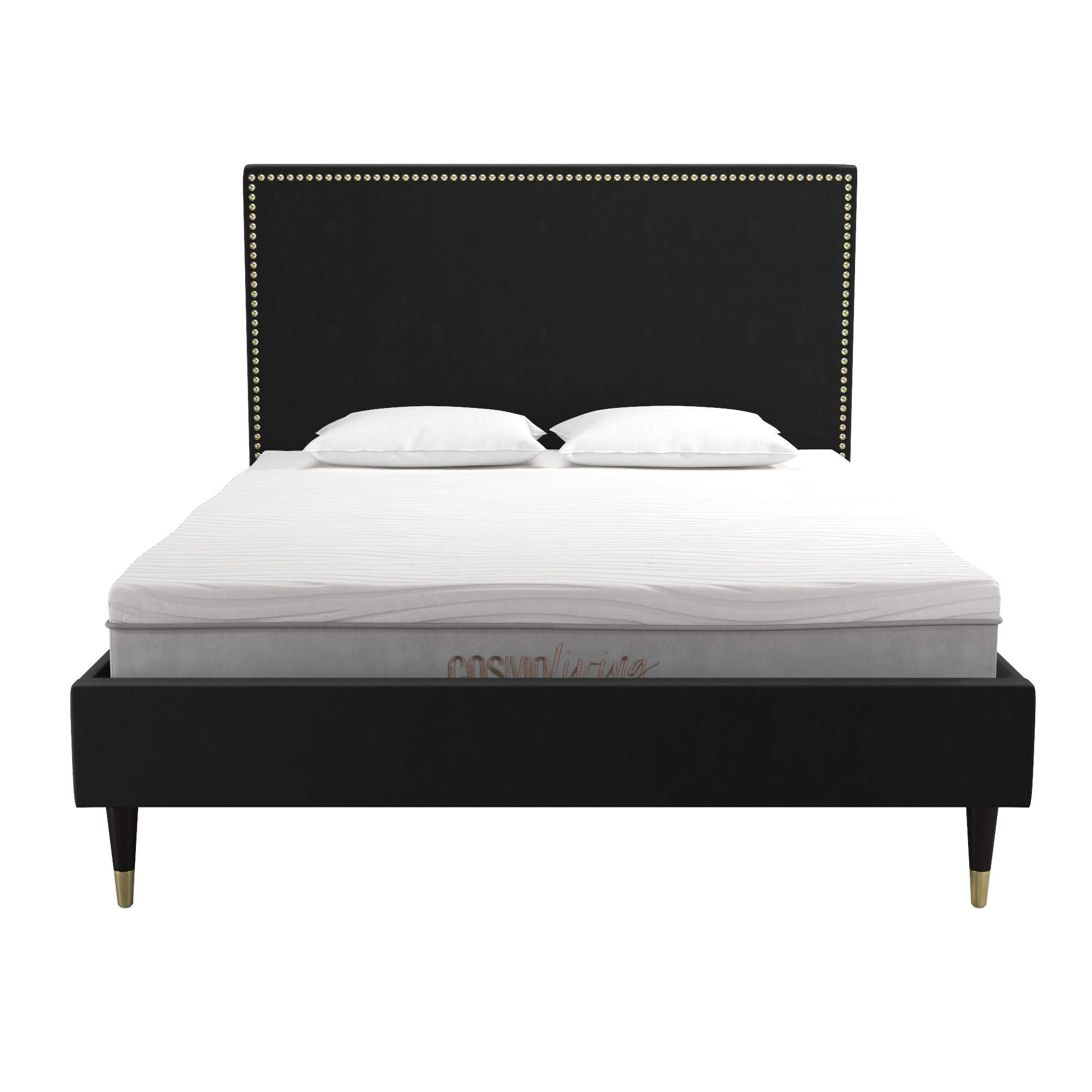 CosmoLiving by Cosmopolitan Audrey Queen Size Upholstered Bed Frame - Luxe Black Velvet Fabric for Modern Bedroom Decor | Perfect for Master Bedrooms & Guest Rooms