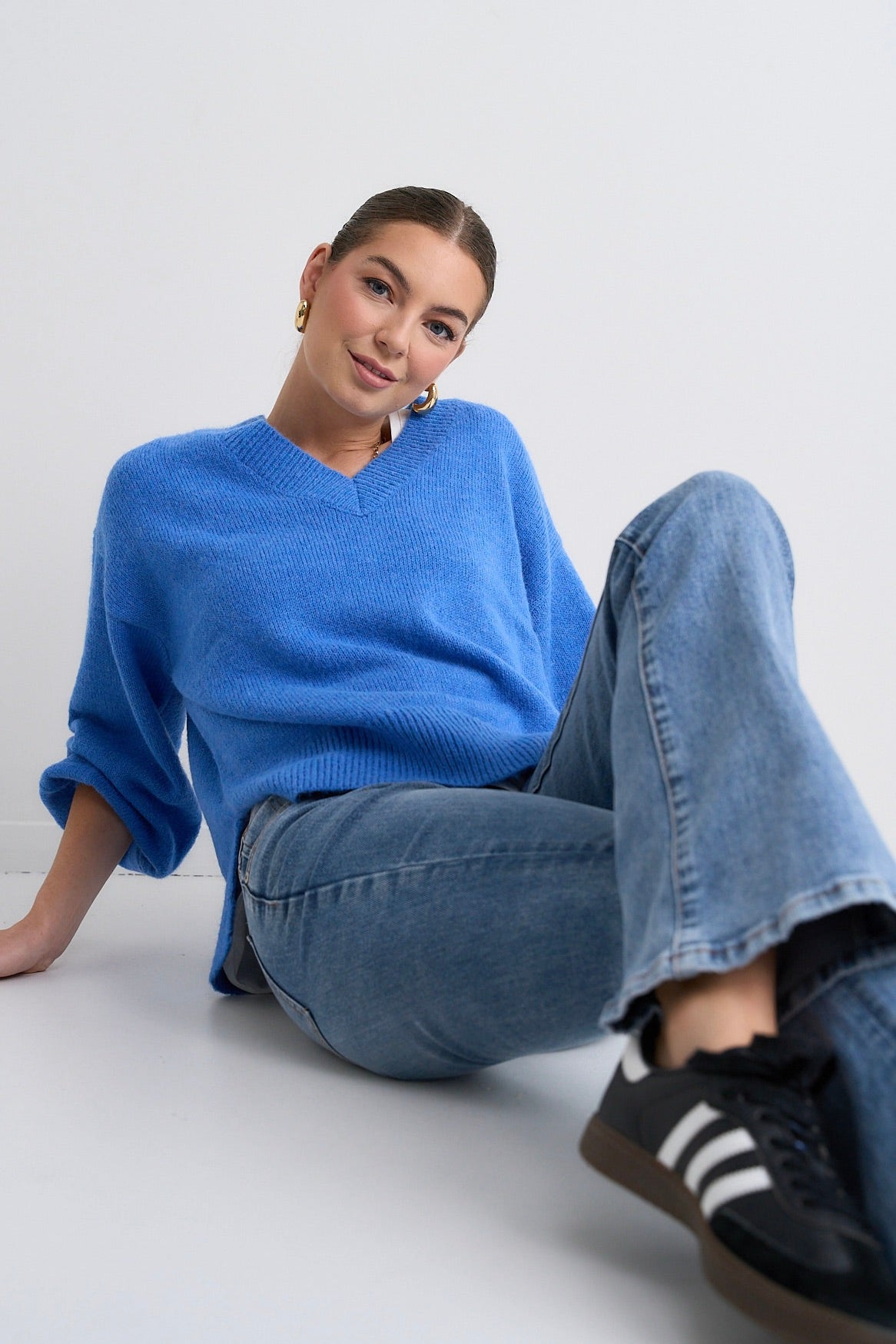 Harvest Azure Blue V-Neck Knit Jumper Sweater for Women | Soft Comfortable Pullover | Perfect for Fall, Winter & Casual Outfits