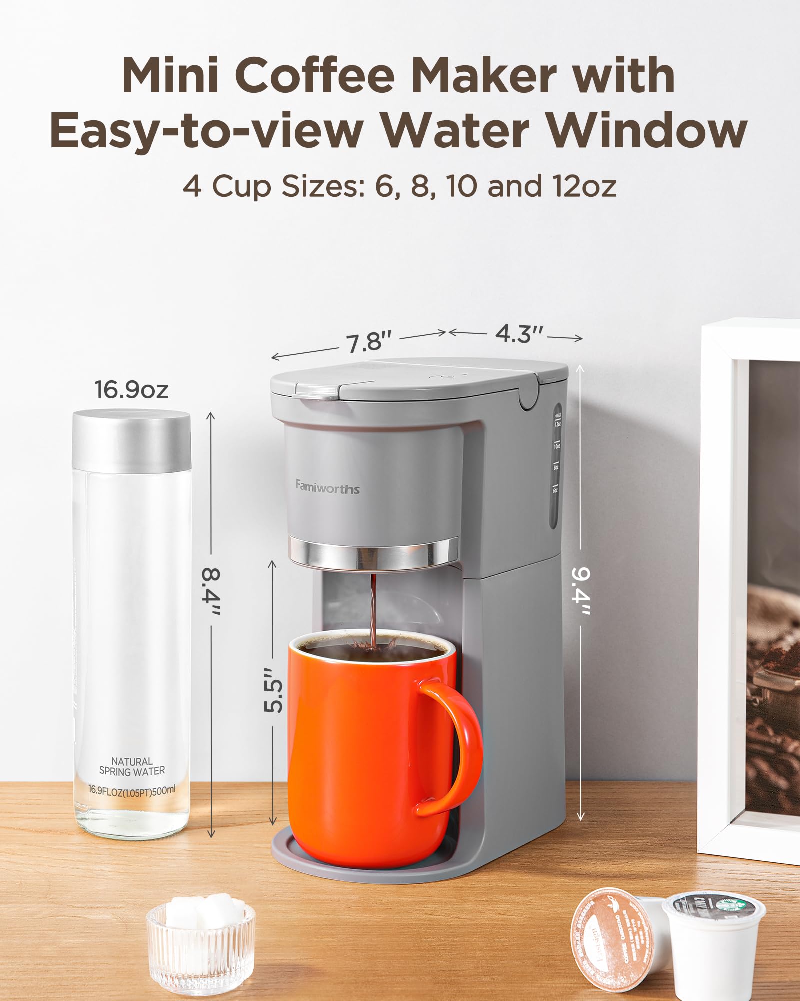 Famiworths Mini Single Serve Coffee Maker for K-Cups & Ground Coffee - 6 to 12 Oz Brew Sizes, Compact Capsule Coffee Machine with Water Window & Descaling Reminder - Perfect for Home, Office, Dorm & Travel (Gray)