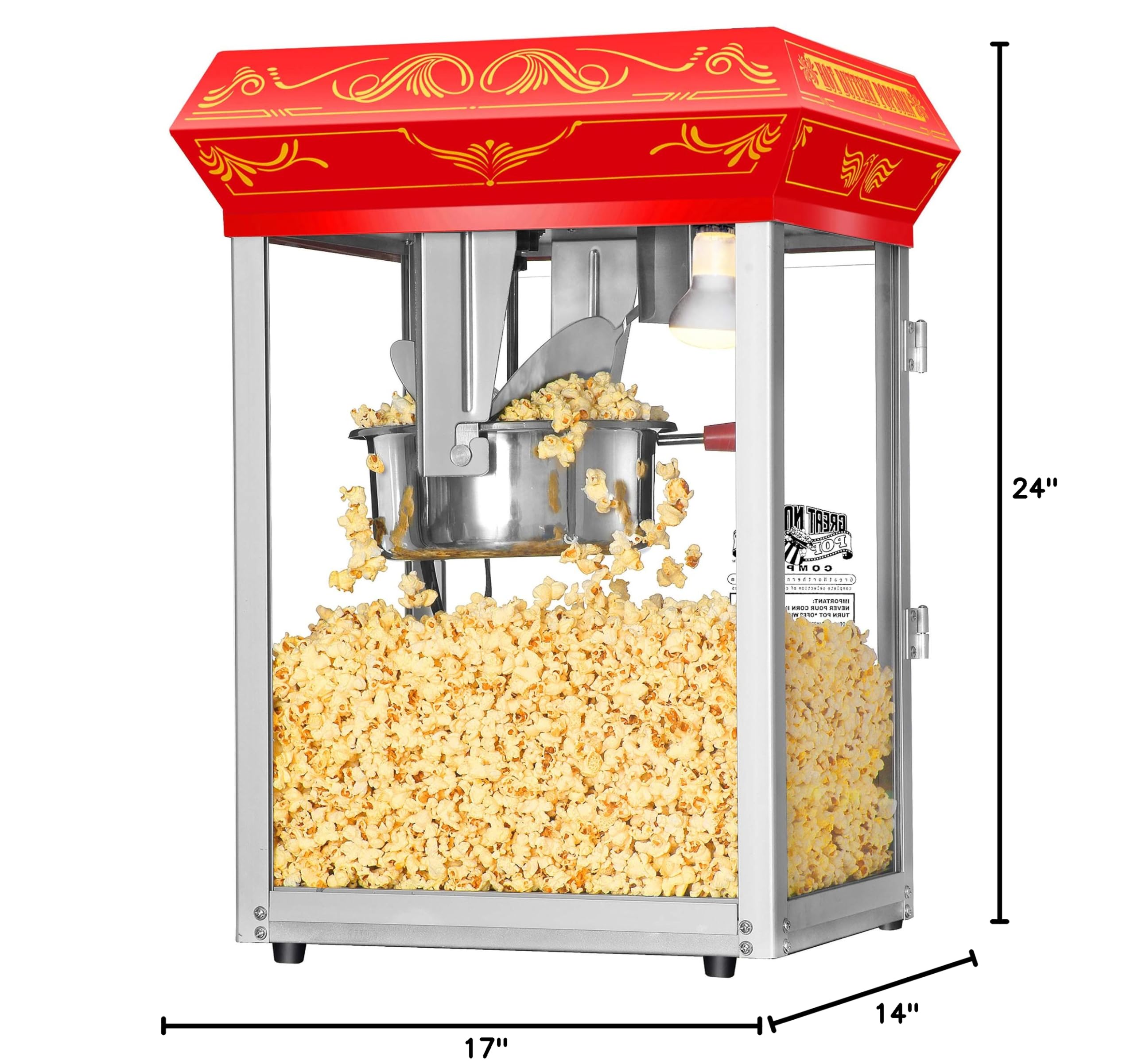 Great Northern Popcorn 3-Gallon Commercial Popcorn Machine with Steel Kettle, Warming Tray & Scoop - Red Home Theater Style Popcorn Popper for Movie Nights, Parties & Concession Stands