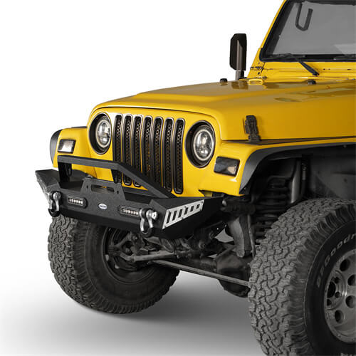 BLADE Stubby Front Bumper with Winch Plate & 2 LED Accent Lights for 1987-2006 Jeep Wrangler TJ YJ - Off-Road Adventure & Rock Crawling Upgrade