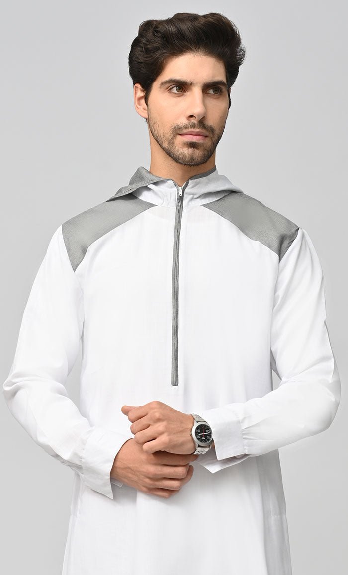 Men's Grey Contrasted Thobe Jubba with Pockets & Hood - Islamic Prayer Robe, Eid Outfit, Muslim Traditional Dress for Daily Wear & Special Occasions