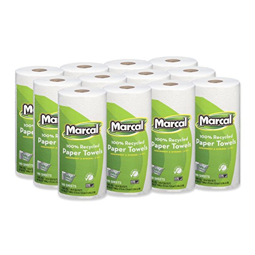 Marcal 100% Recycled Paper Towels - 2-Ply, 140 Sheets Per Roll, 12 Rolls Per Case | Green Seal Certified | U-Size-It Sheets for Kitchen, Bathroom & Office Cleaning | Eco-Friendly Household Essentials