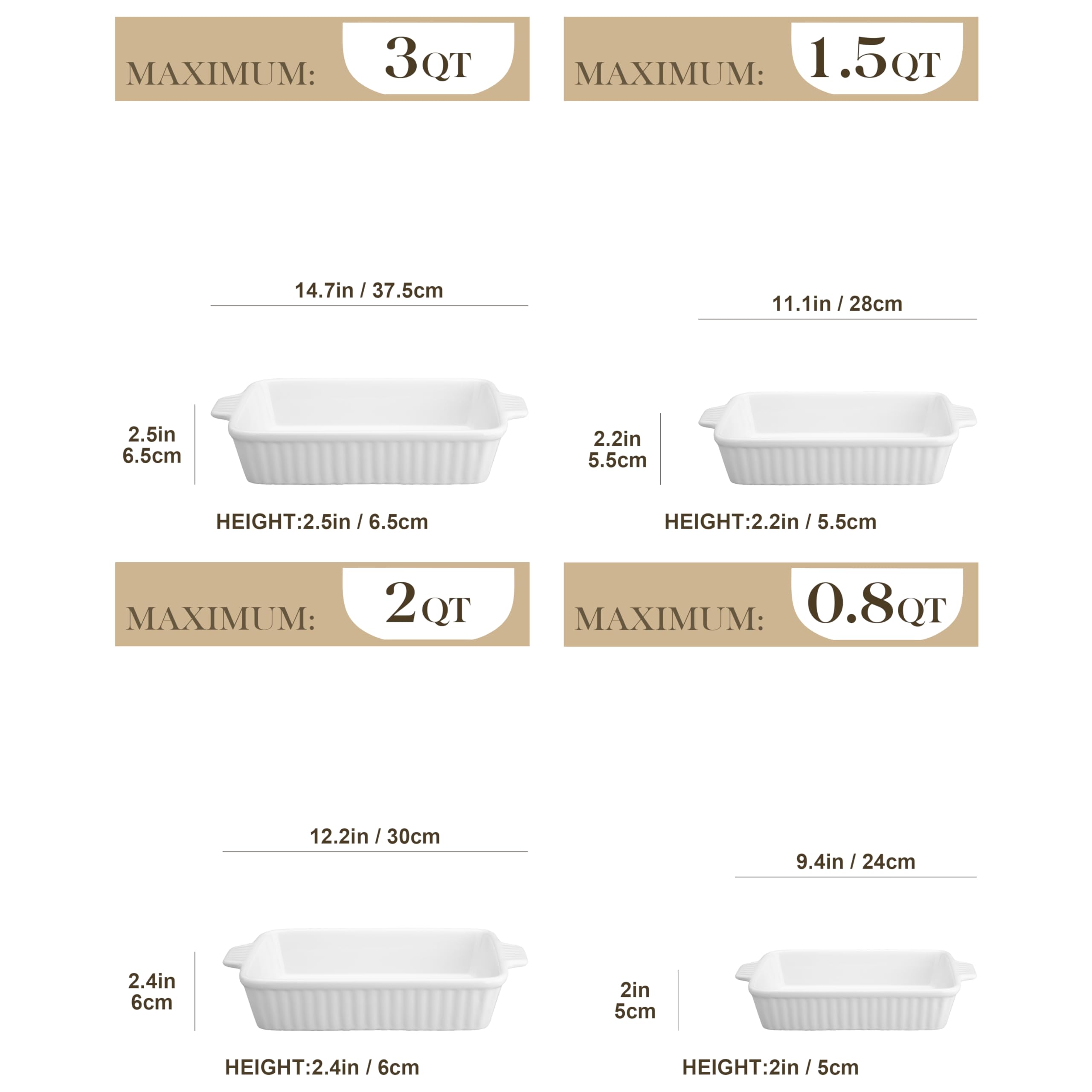 MALACASA 4-Piece Porcelain Casserole Dish Set - Oven Safe Rectangular Baking Pans for Lasagna, Cakes & More (9.4
