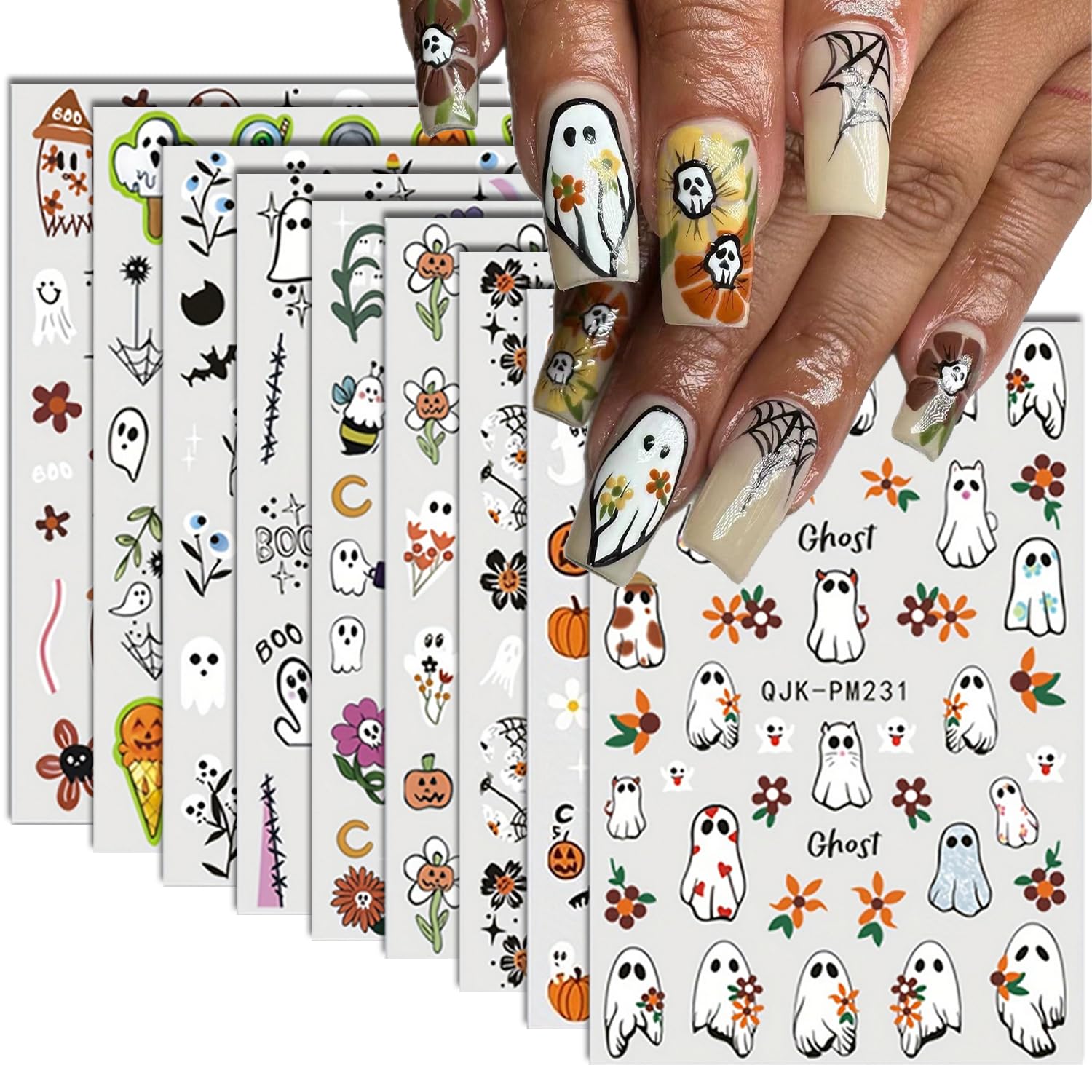 Halloween Nail Art Stickers - 9 Sheets 3D Self-Adhesive Nail Decals with Ghost, Pumpkin & Spider Web Designs | Fall Nail Decor for Women | Perfect for Halloween Parties, Costume Events & Spooky Nail Art