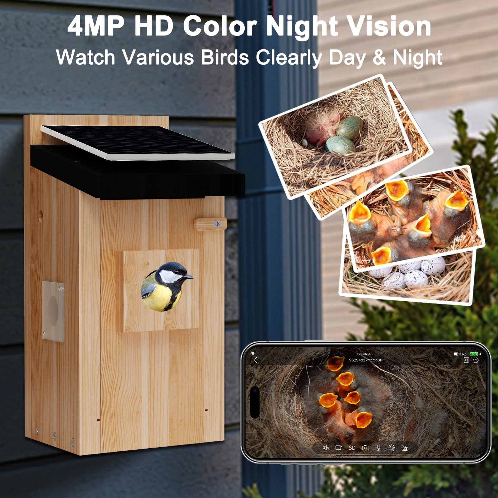 4MP Smart Bird House with Camera - AI Identify & Solar Powered, Real-Time Bird Nesting & Hatching Monitor, Perfect Gift for Bird Lovers - Ideal for Backyard Birdwatching & Wildlife Observation