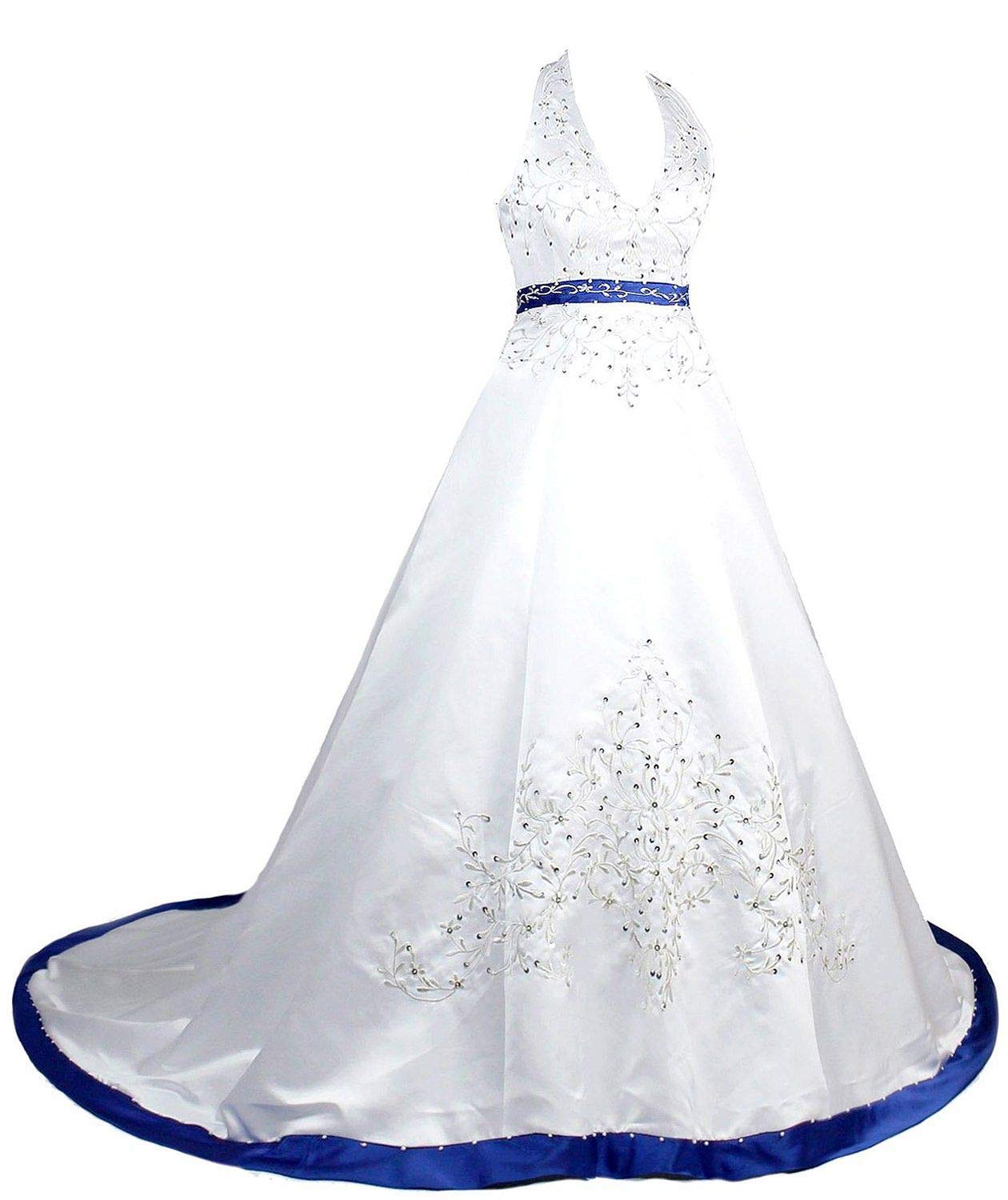 Elegant Women's Halter Neck Embroidered Satin Wedding Dress with Corset Back - Perfect for Bridal, Prom & Formal Occasions