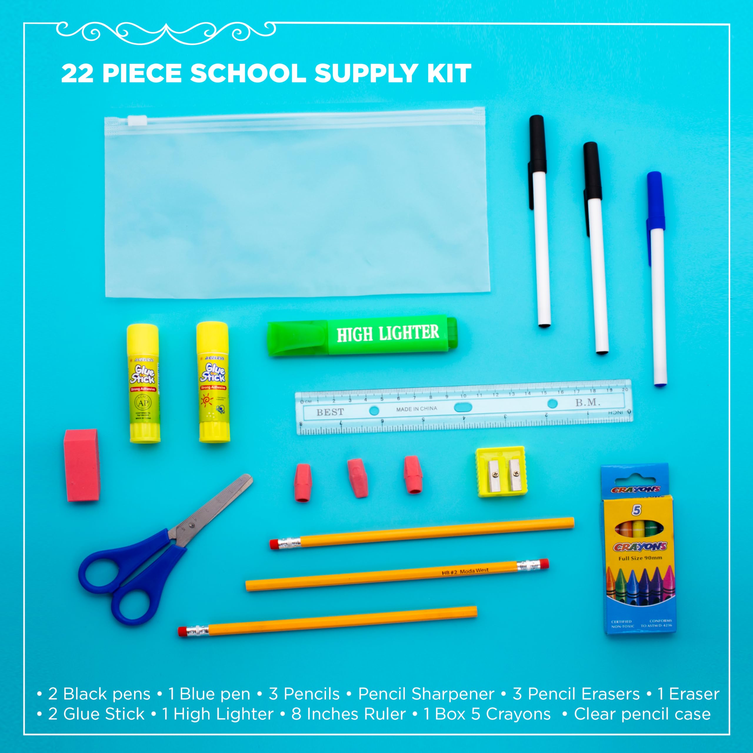 22-Piece Bulk School Supplies Kit for K-12 Students - Essential Classroom Supplies Box with Pens, Pencils & Crayons - Perfect for Elementary, Middle & High School Back to School, Homeschooling & Study Organization