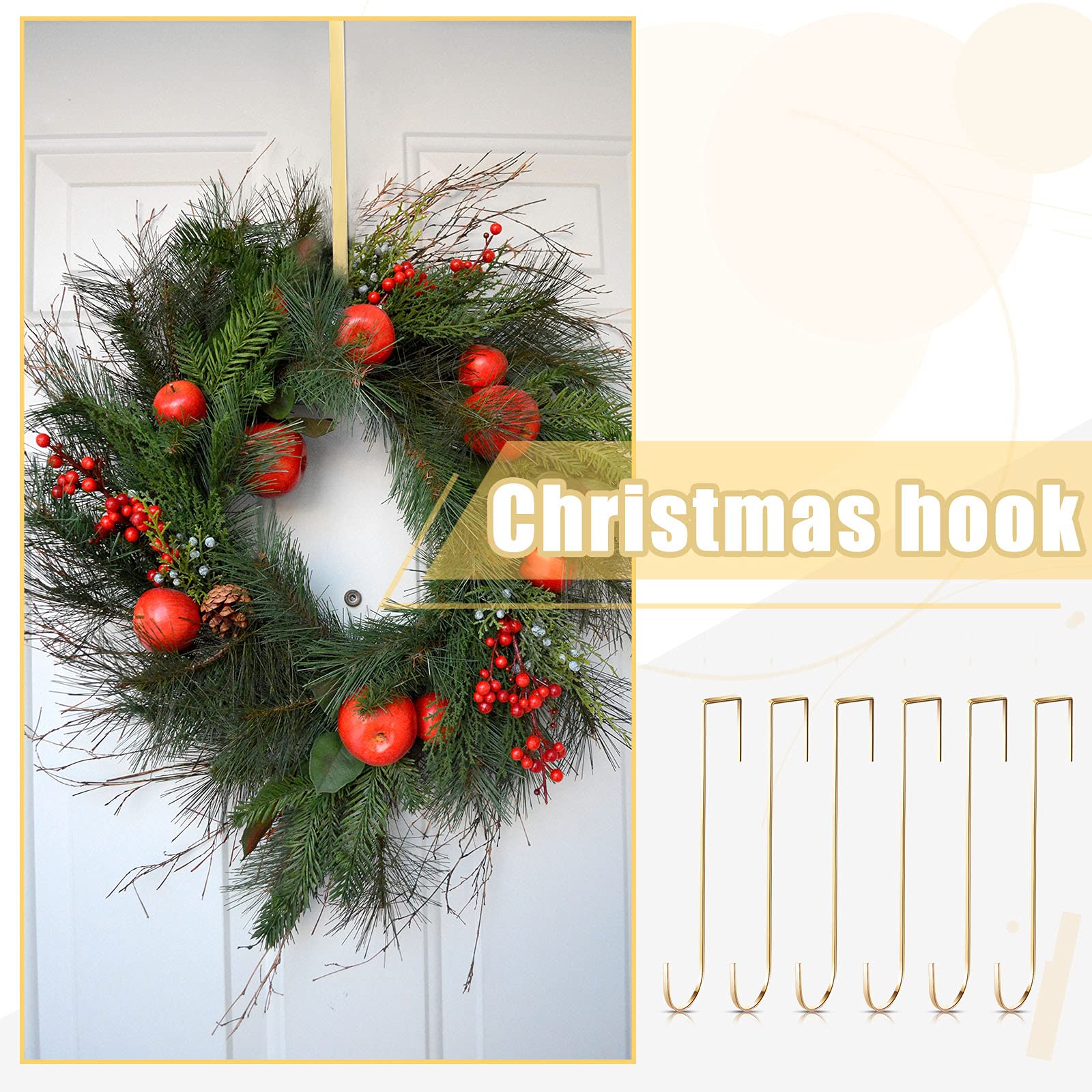 15 Inch Wreath Hanger Hooks - Over Door Metal Hooks for Christmas Decor, Towels & Clothes - Champagne (6 Pack) - Perfect for Front Door, Fireplace & Holiday Home Decor