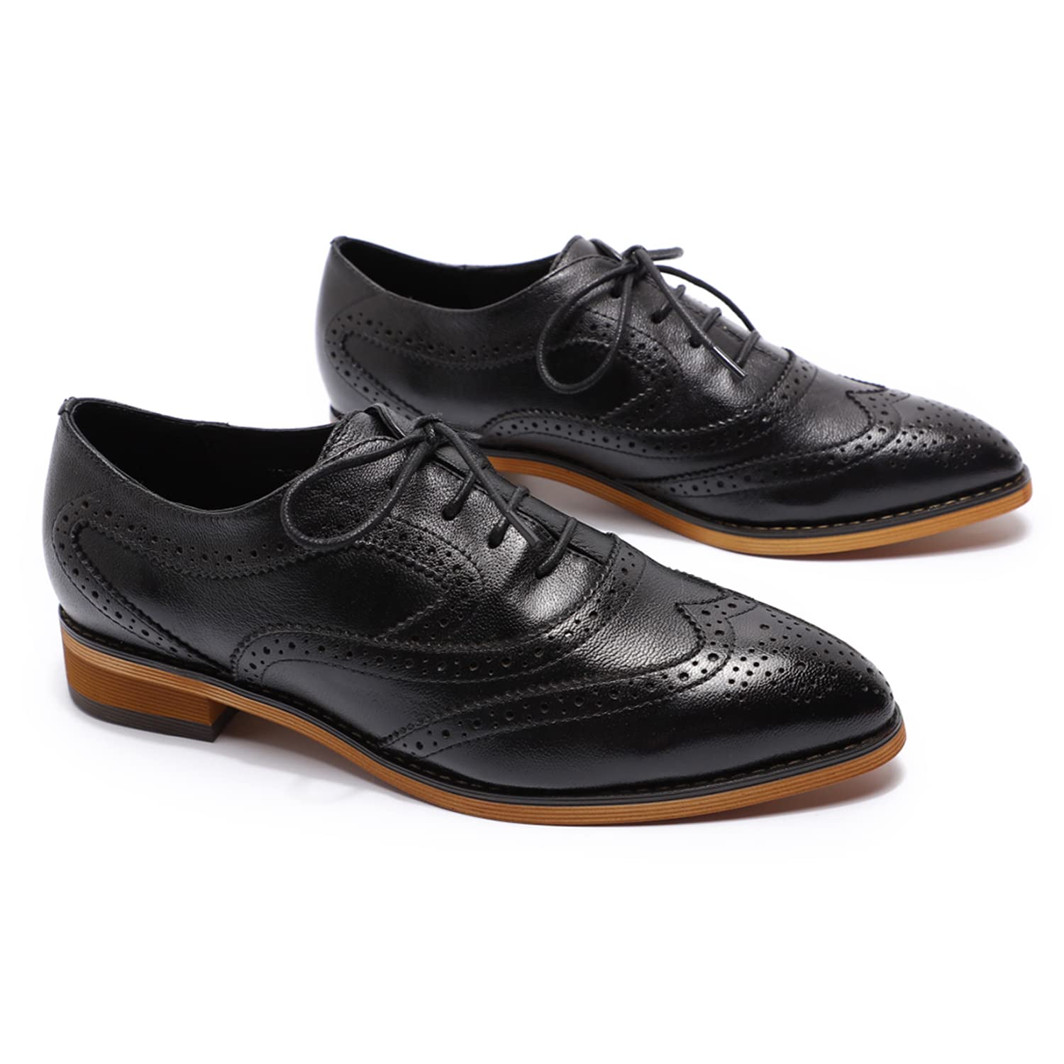 Women's Wingtip Brogue Oxfords - Perforated Leather Lace-Up Flats for Office & Work | Comfortable & Stylish Shoes for Professional Women