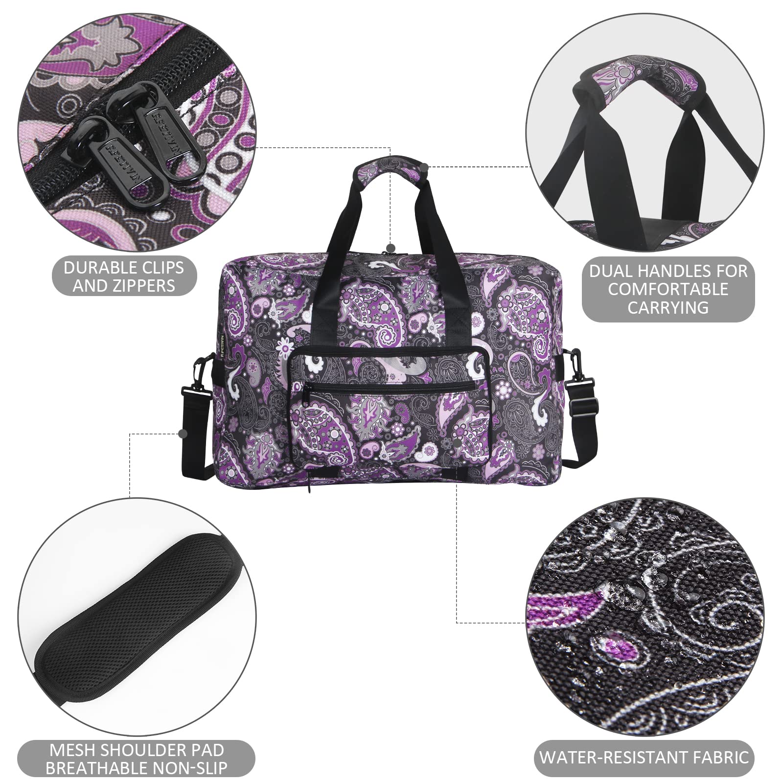 F.FETIVIN Women's Weekender Bag - Medium Carry On Travel Duffle Overnight Bag with Paisley Pattern (Purple) - Perfect for Weekend Getaways, Gym, Business Trips & Airplane Travel