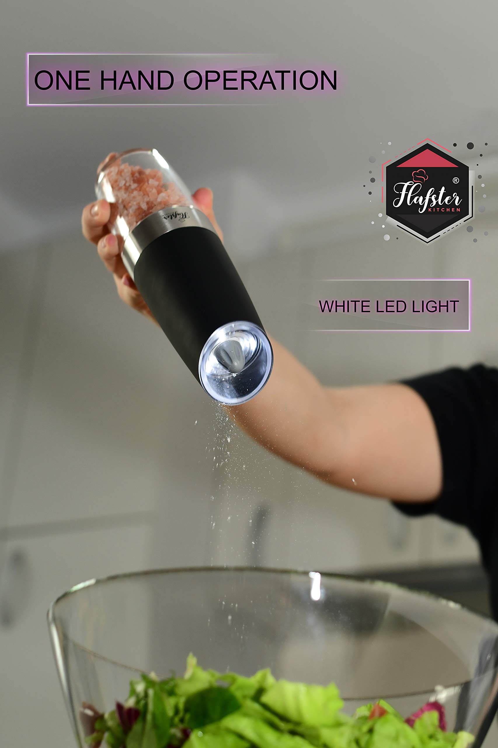 Premium Electric Salt and Pepper Grinder Set - Adjustable Coarseness, White LED Light, Battery Powered - Perfect for Kitchen, Dining Table, Camping & Travel - Automatic Spice Mill for Home, Restaurants and Gifts