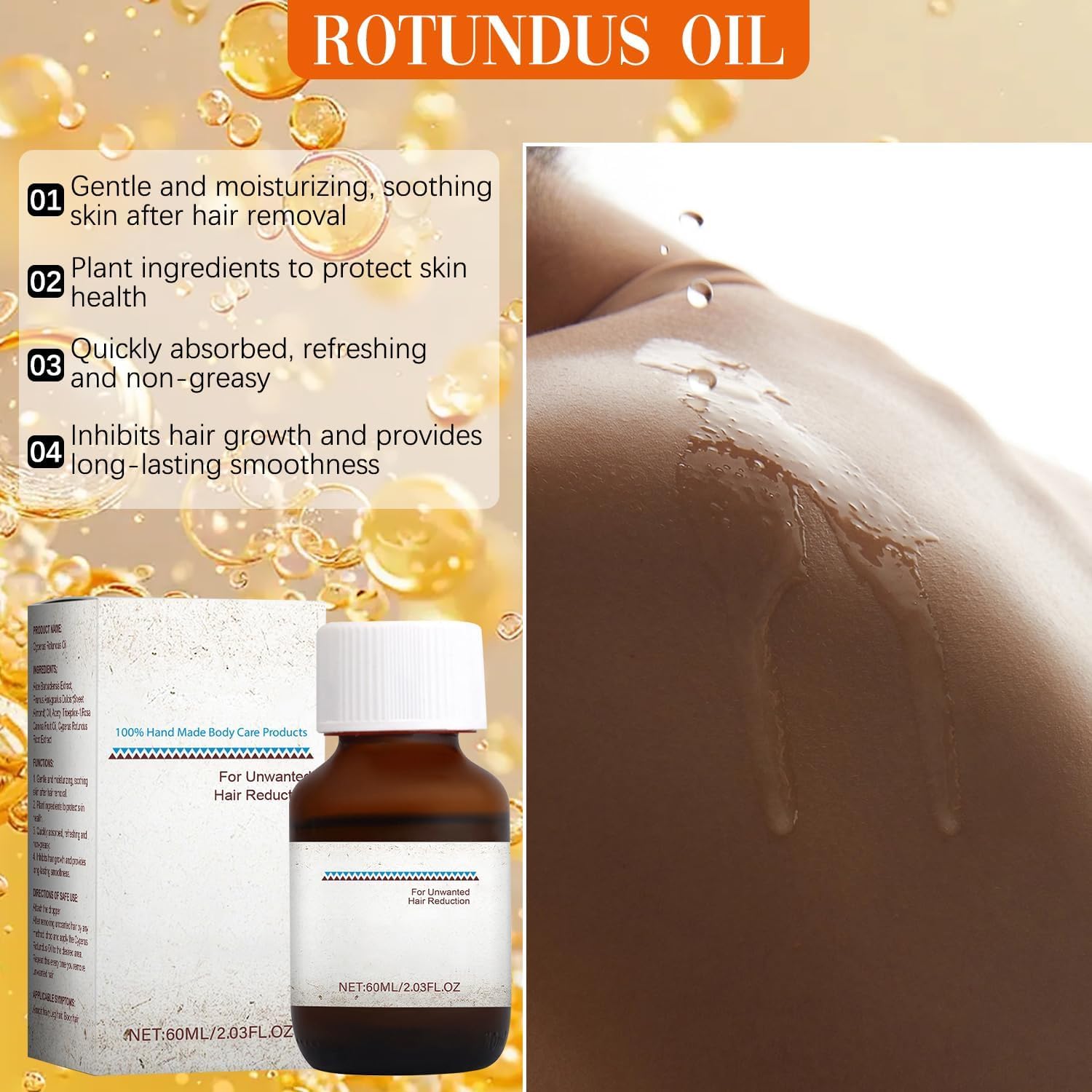 Rotundu Oil for Hair Removal - Natural & Effective Hair Removal Solution for Smooth Skin | Perfect for At-Home Waxing, DIY Hair Removal & Skin Care