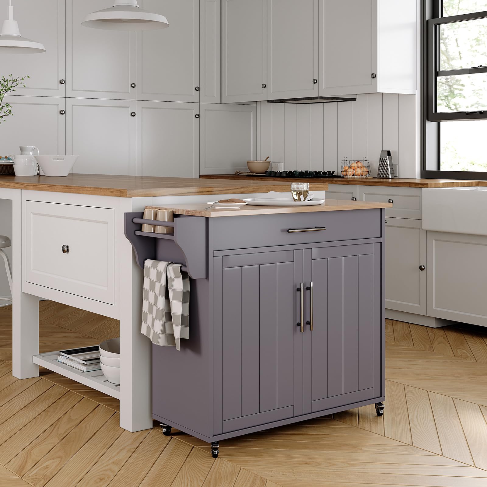 Wooden Rolling Kitchen Island Cart with Countertop, Wheels, Towel Rack, Spice Rack & Drawers - Mobile Kitchen Storage Organizer for Small Spaces, Home & Restaurant Use (Grey)