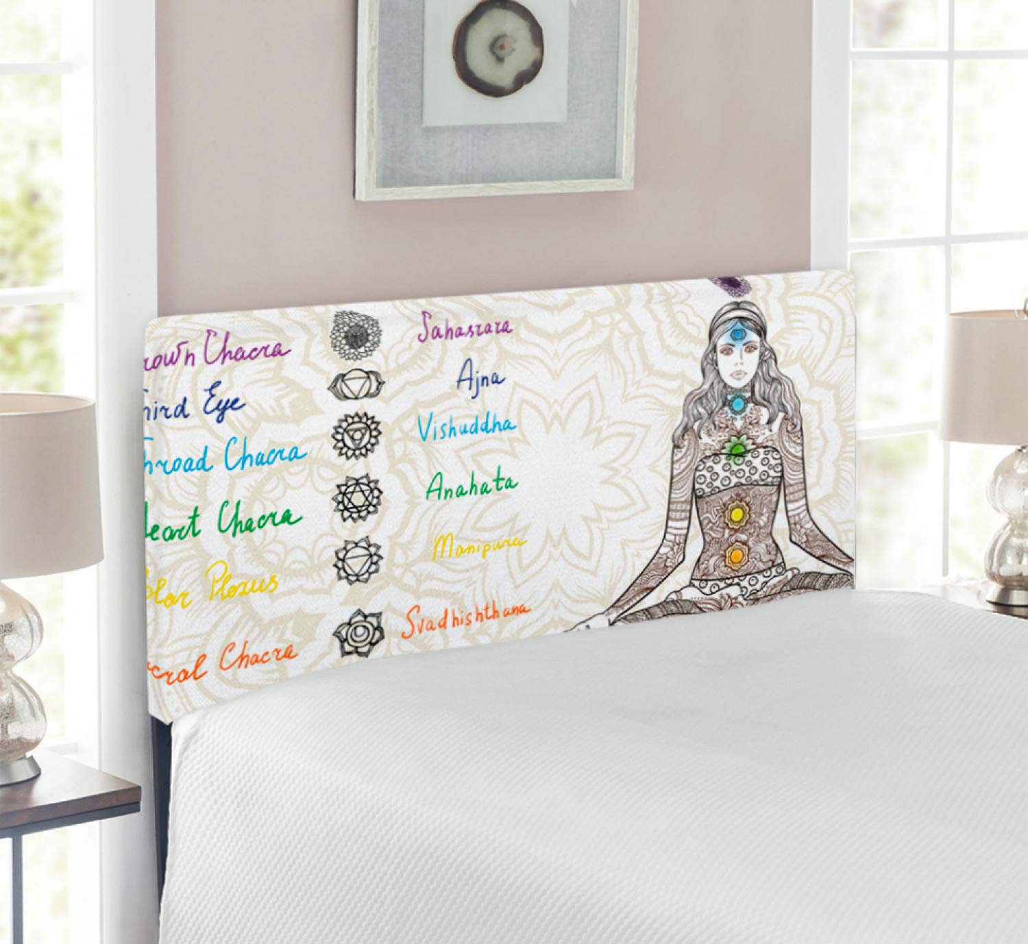 Ambesonne Upholstered Metal Headboard with Memory Foam - Colorful Yoga Girl Sketch Design for Twin Beds | Decorative Bedroom Furniture for Relaxation & Meditation Spaces