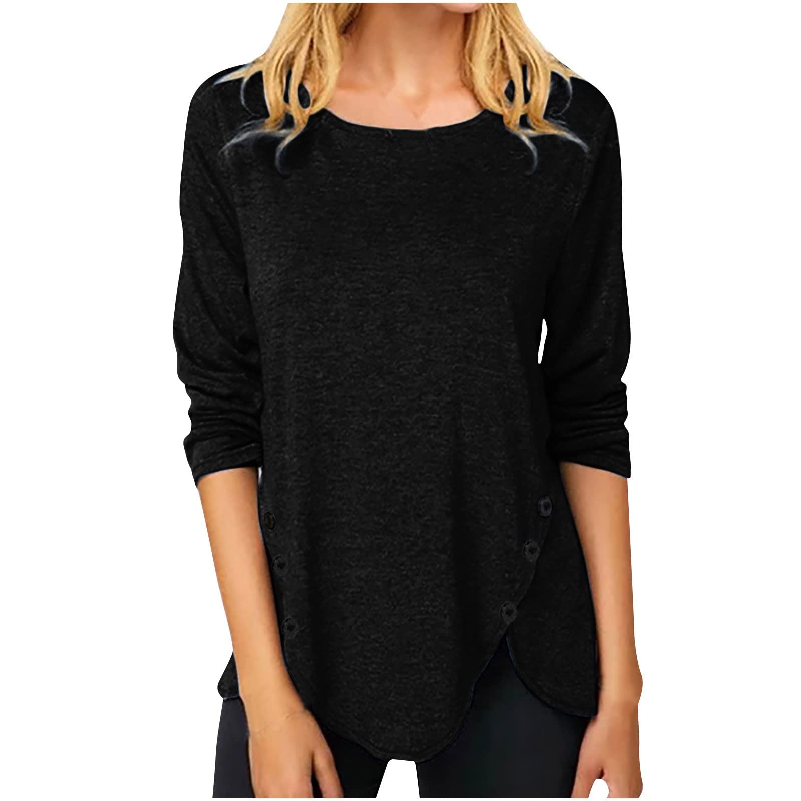 Wirziis Women's Fall Tunic Tops - Long Sleeve Casual Blouse with Solid Crewneck & Irregular Hem Button Down Shirt - Loose Fit Tee for Work, Date Night and Autumn Outings