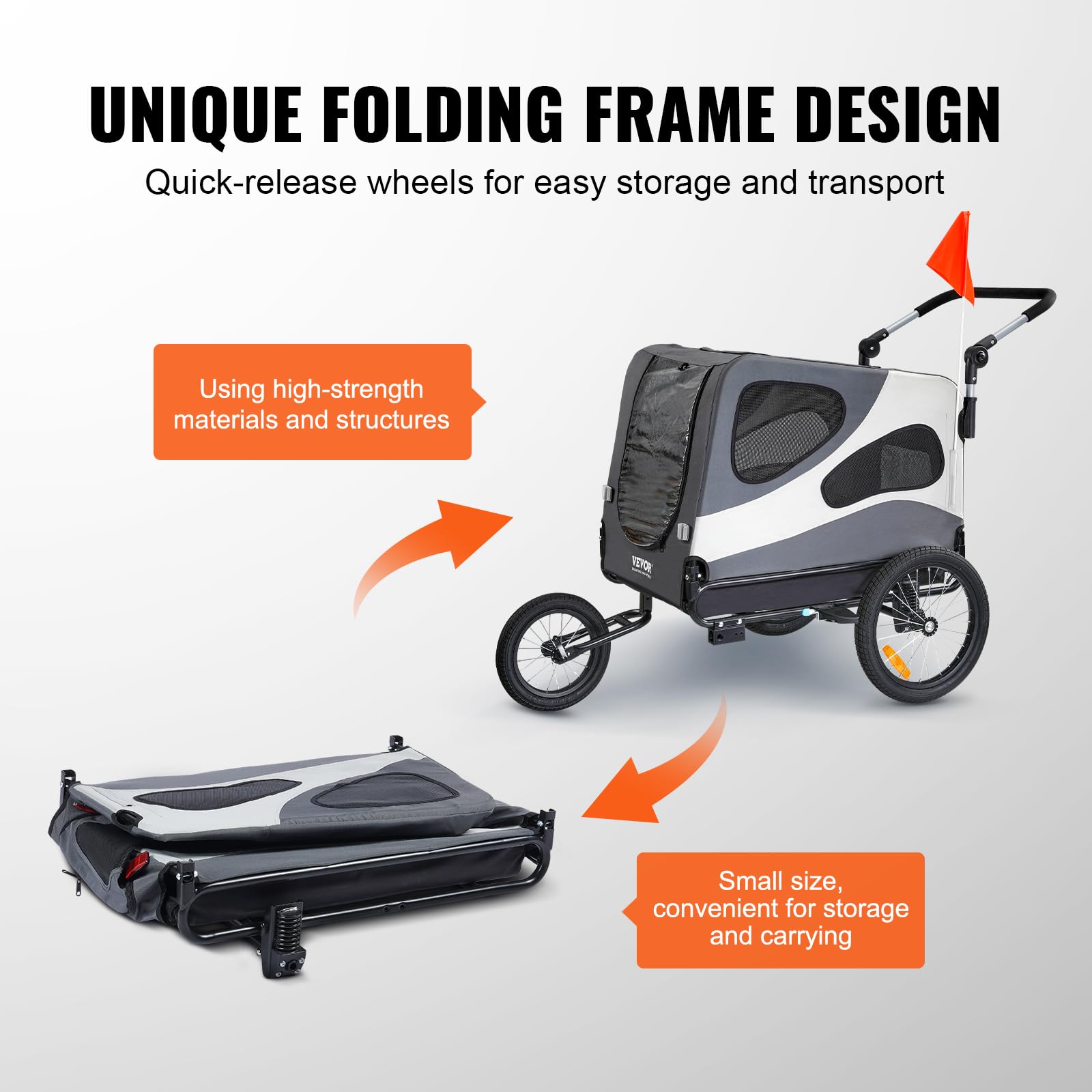VEVOR 2-in-1 Dog Bike Trailer & Pet Stroller - 100 lbs Capacity, Foldable Bicycle Carrier with Quick Release Wheels, Universal Coupler & Safety Reflectors - Perfect for Cycling Adventures & Daily Walks (Black/Gray)