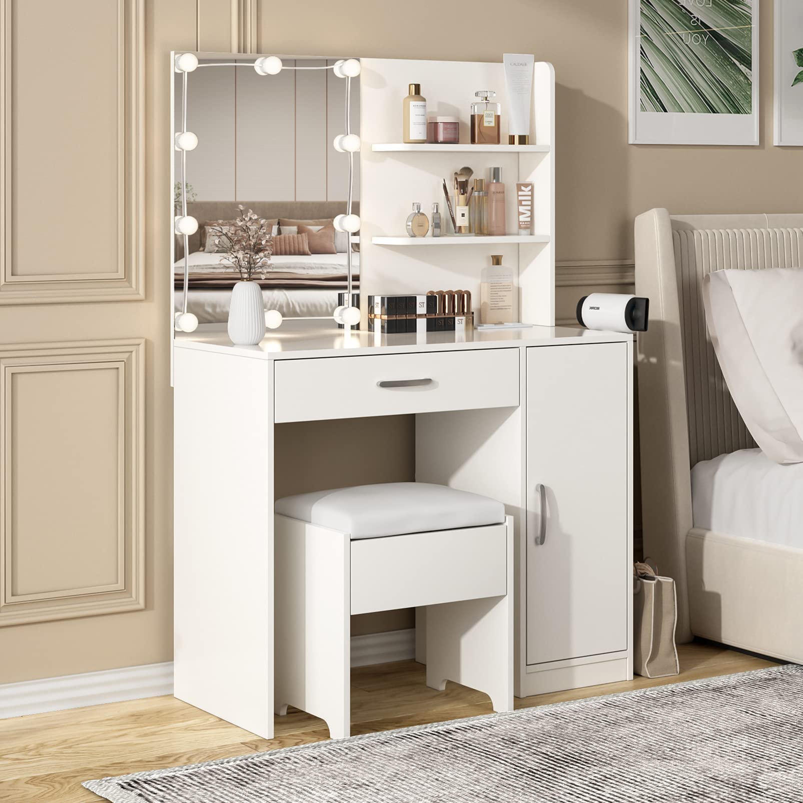 Lighted Makeup Vanity Desk with Mirror & Power Outlet - 35